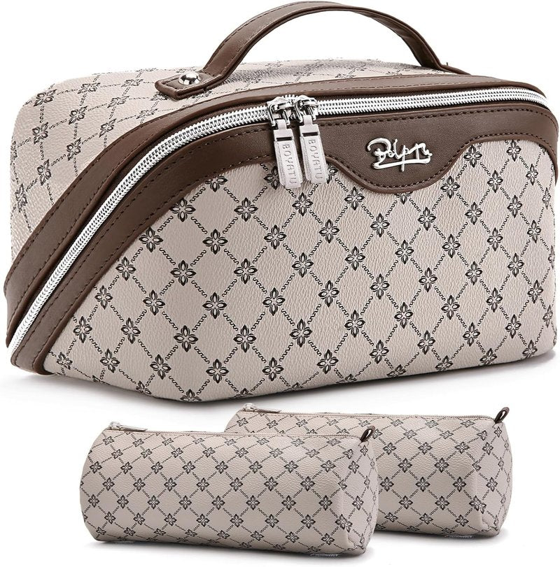 Travel Makeup Bag Set - Large Capacity Vegan Leather Cosmetic Organizer with Handle | 3 Pcs Khaki