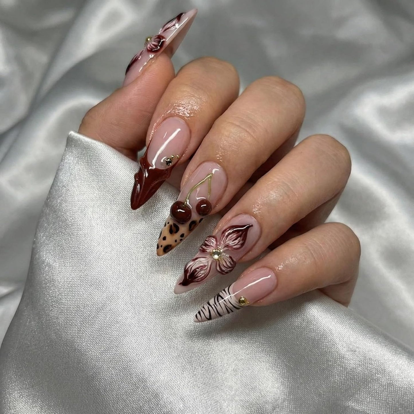 Almond Press-On Nails - Ombre French Tip with Butterfly Designs | 24 Pcs Set for Women