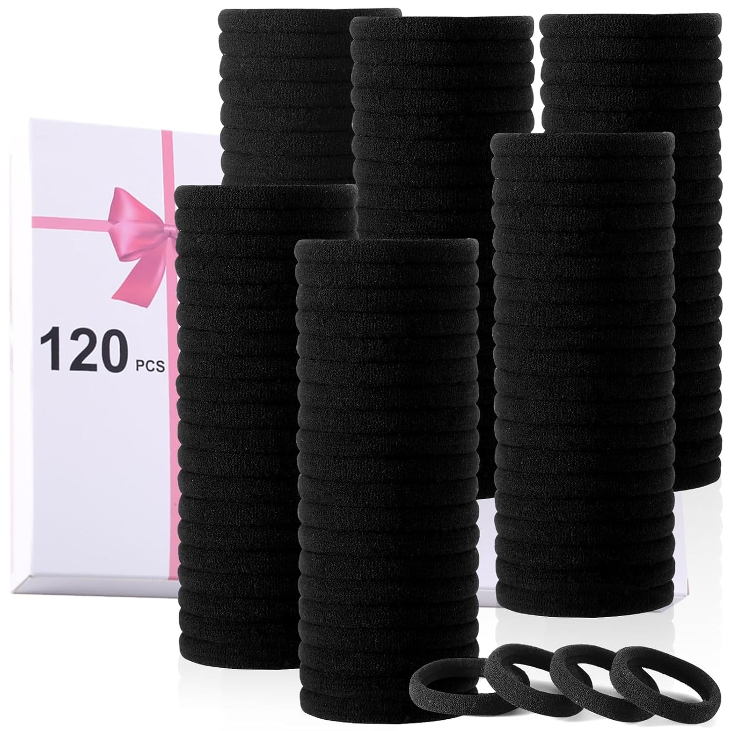 120PCS Black Hair Ties for Thick Hair - Seamless No Damage Elastic Ponytail Holders | Bulk Nylon Hair Bands for Women