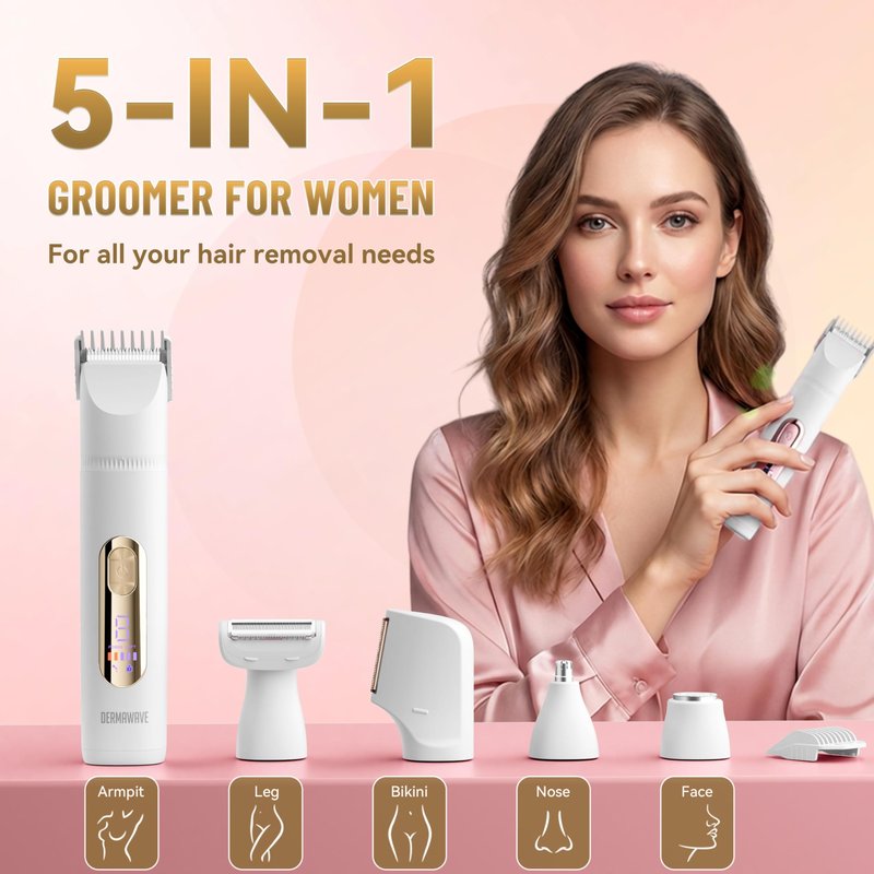 DERMAWAVE 5-in-1 Electric Bikini Trimmer for Women Pubic Hair, Waterproof Electric Razor Foil Shaver Hair Trimmer Epilator for Face, Nose, Ear, Bikini Line Area, Body, Leg, USB-C Rechargeable, White
