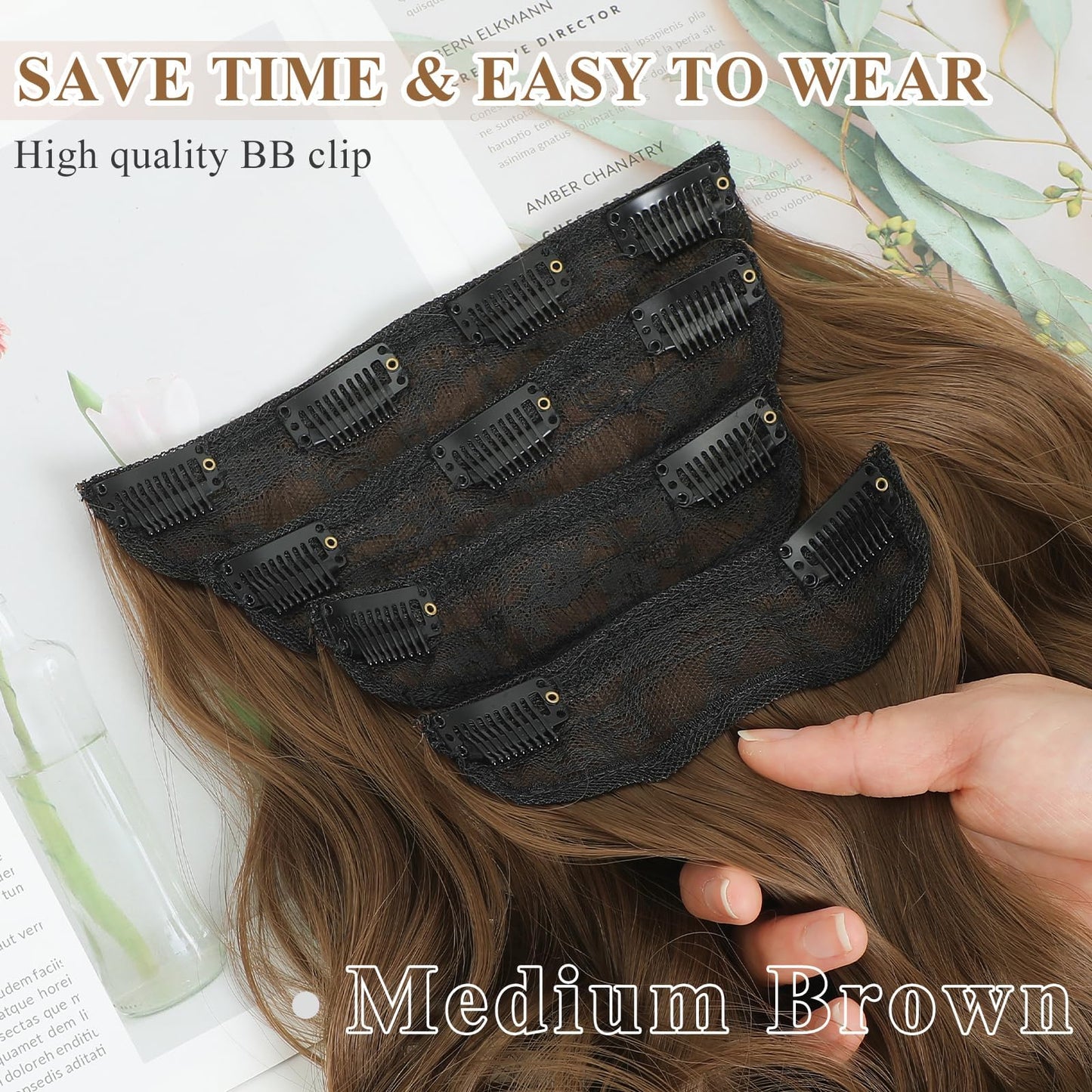 20” Brown Clip in Hair Extensions Long Wavy Synthetic Extensions for Women