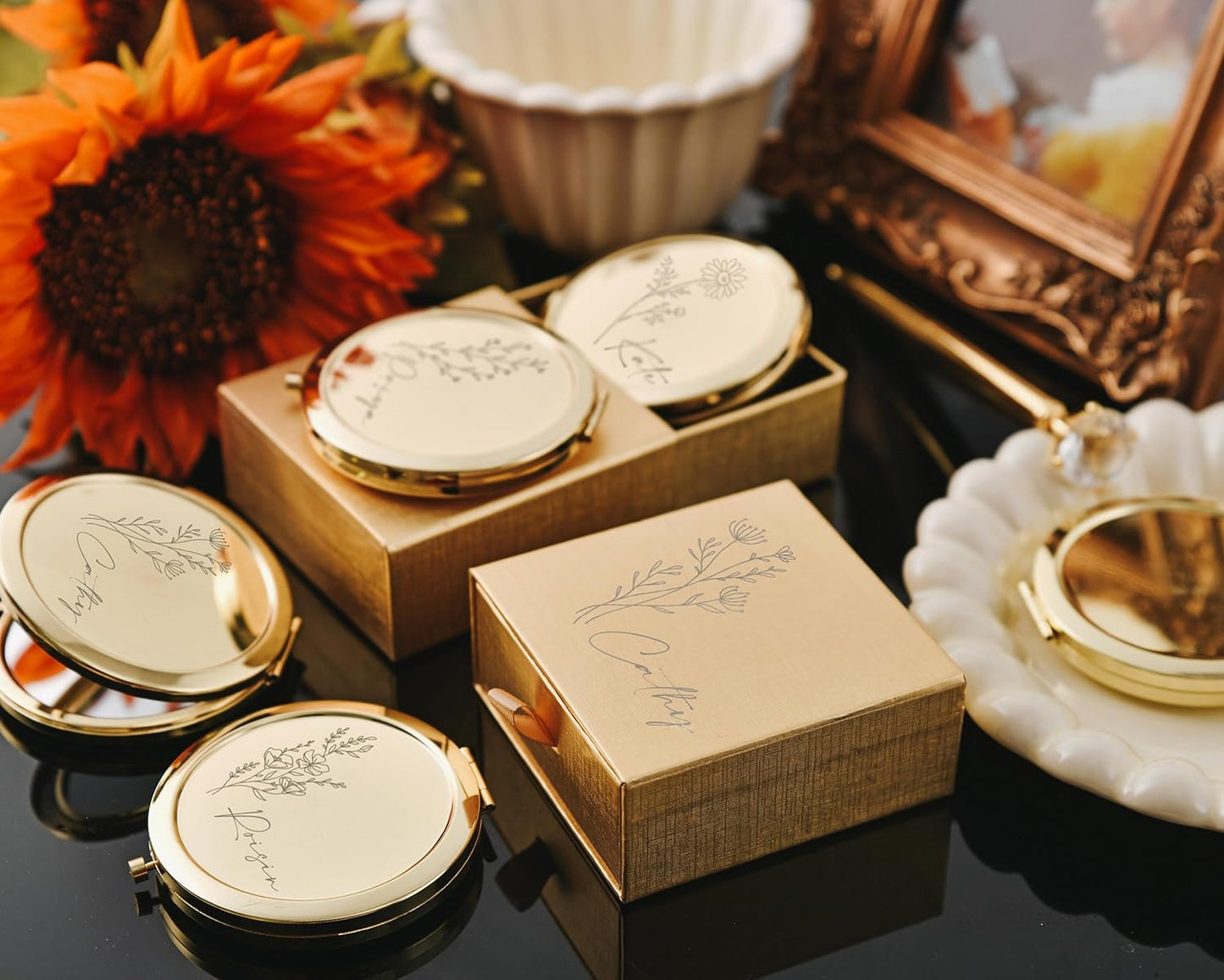 Custom Engraved Floral Compact Mirror - Personalized Bridesmaid Gift | Monogrammed Pocket Mirror for Weddings