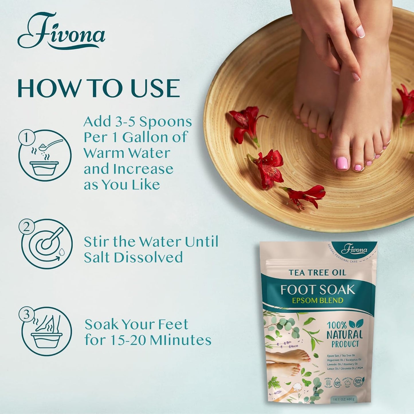 Tea Tree Foot Soak Blend - Epsom Salt with Essential Oils for Healthy Toenails | 14.1 oz, Soothing Relief & Callus Softening