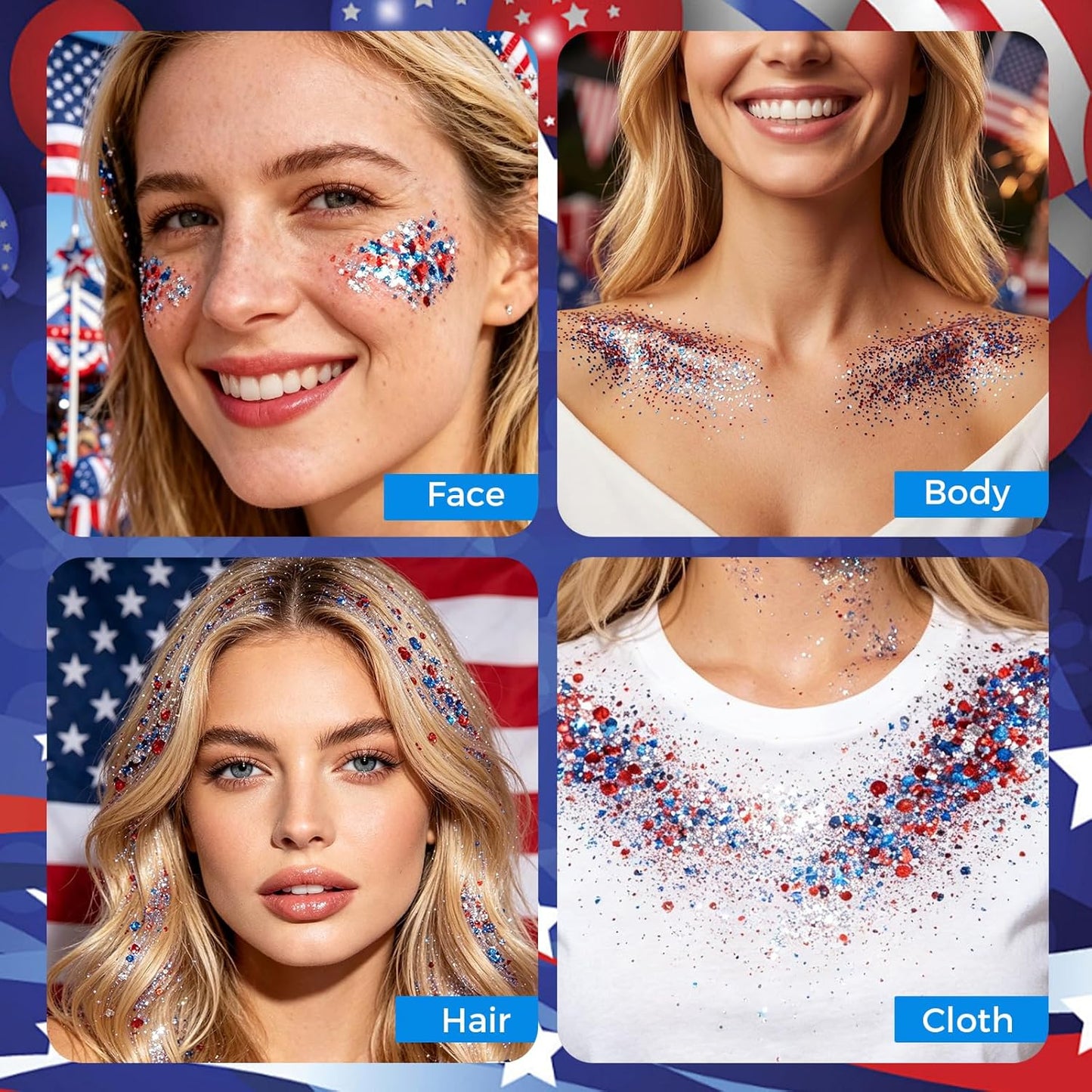 Patriotic Hair Glitter - 4th of July Glitter Stick for Face & Body | Red, Blue & White