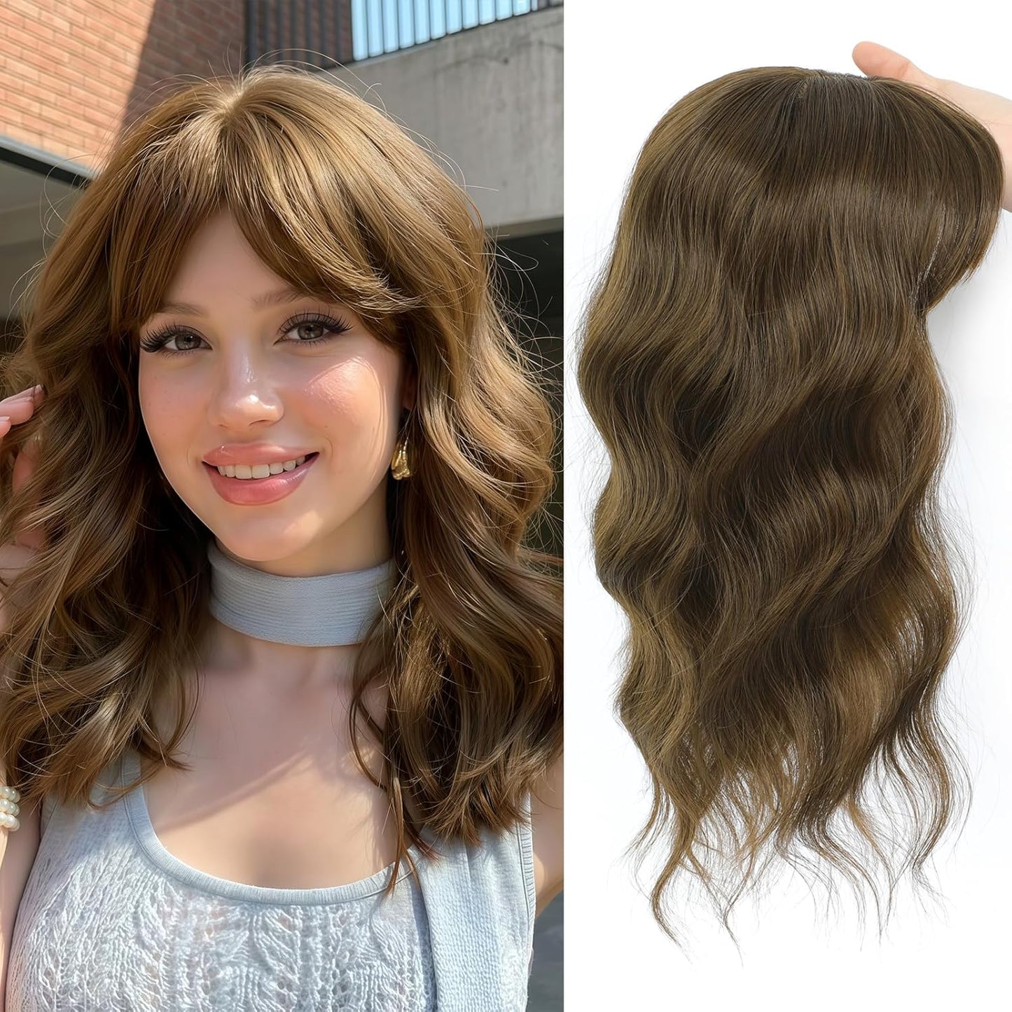 16 Inch Hair Topper for Women - Synthetic Curly Wavy Clip-In with Wispy Bangs | Auburn Brown Natural Volume