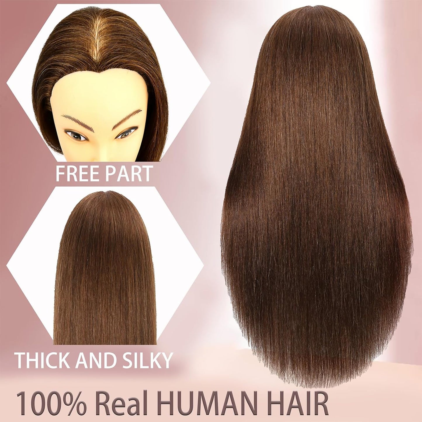 Mannequin Head - 100% Real Hair Cosmetology Training Doll | 20" Nature Brown with Clamp & Comb