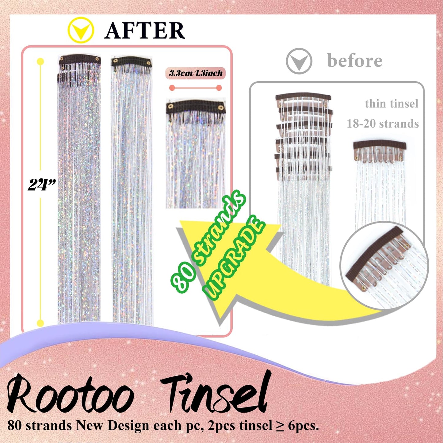 Hair Tinsel Clip-In Extensions - 12 Pcs 24 Inch Silver Glitter Strands for Girls & Women | Perfect for Christmas & Festivals