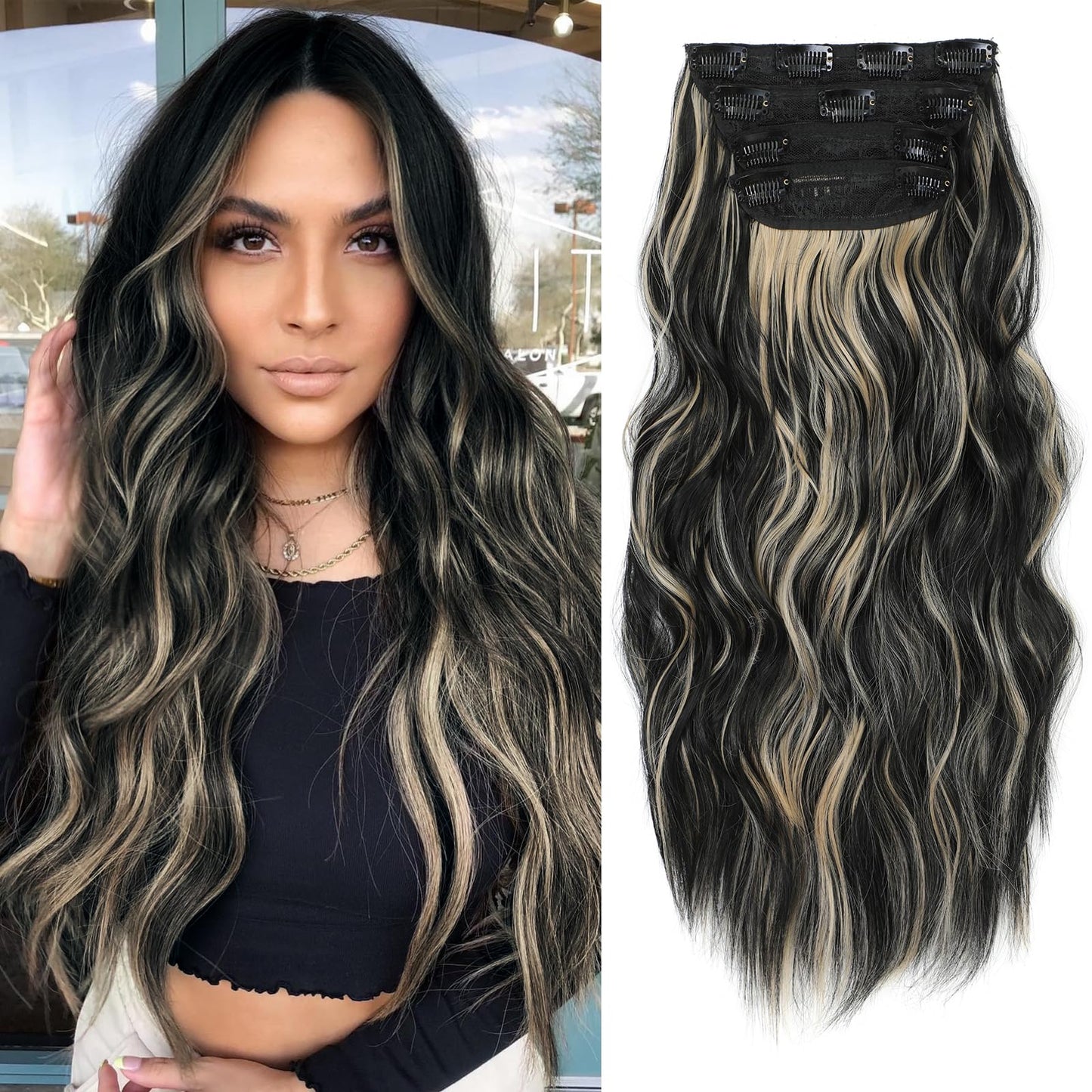 20” Black Clip in Hair Extensions Long Wavy Synthetic Extensions for Women