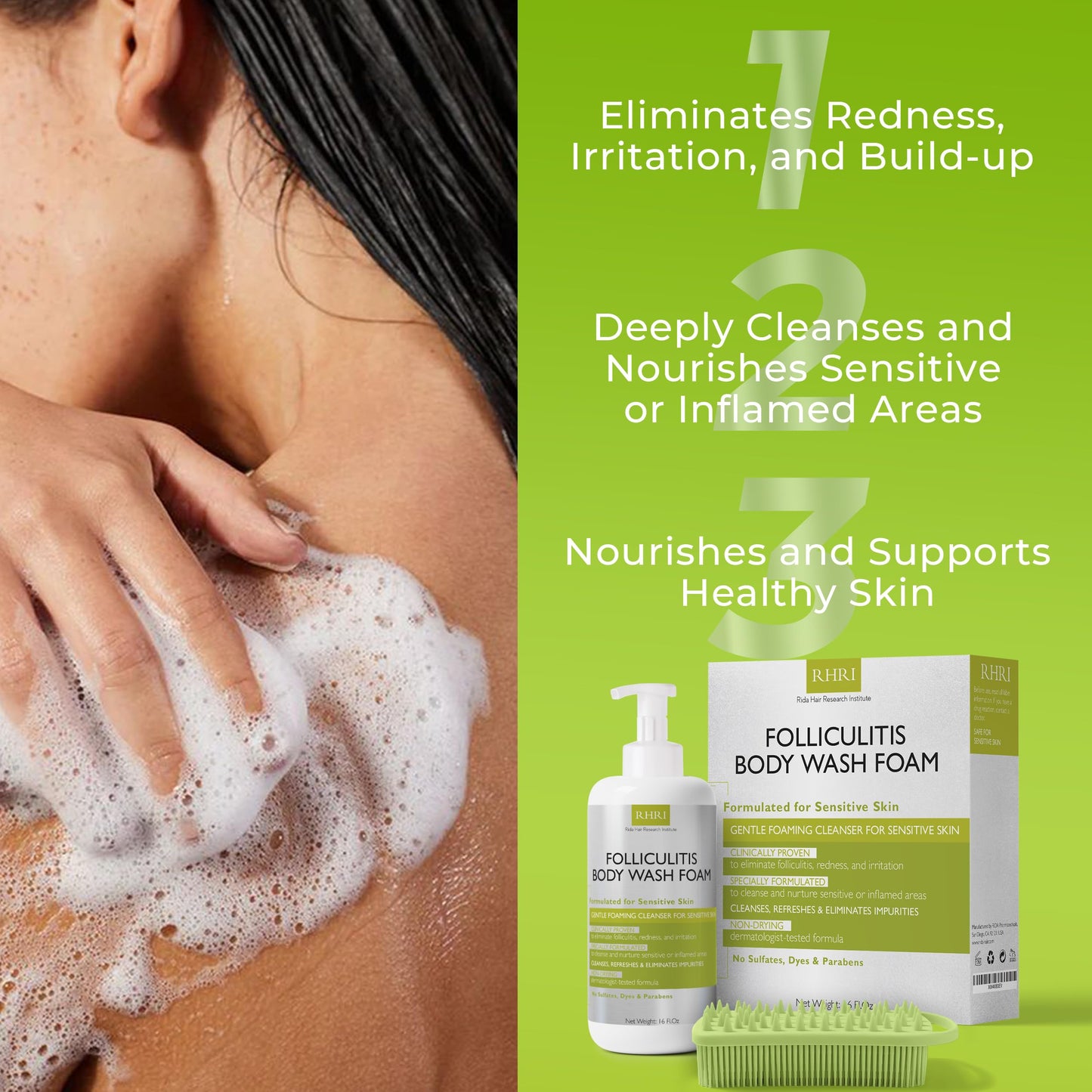Folliculitis Treatment Folliculitis Body Wash Sensitive Skin | Foaming Cleanser for Redness & Irritation with No Sulfates, Dyes or Parabens | Body Wash Includes Bonus Scrubber Brush