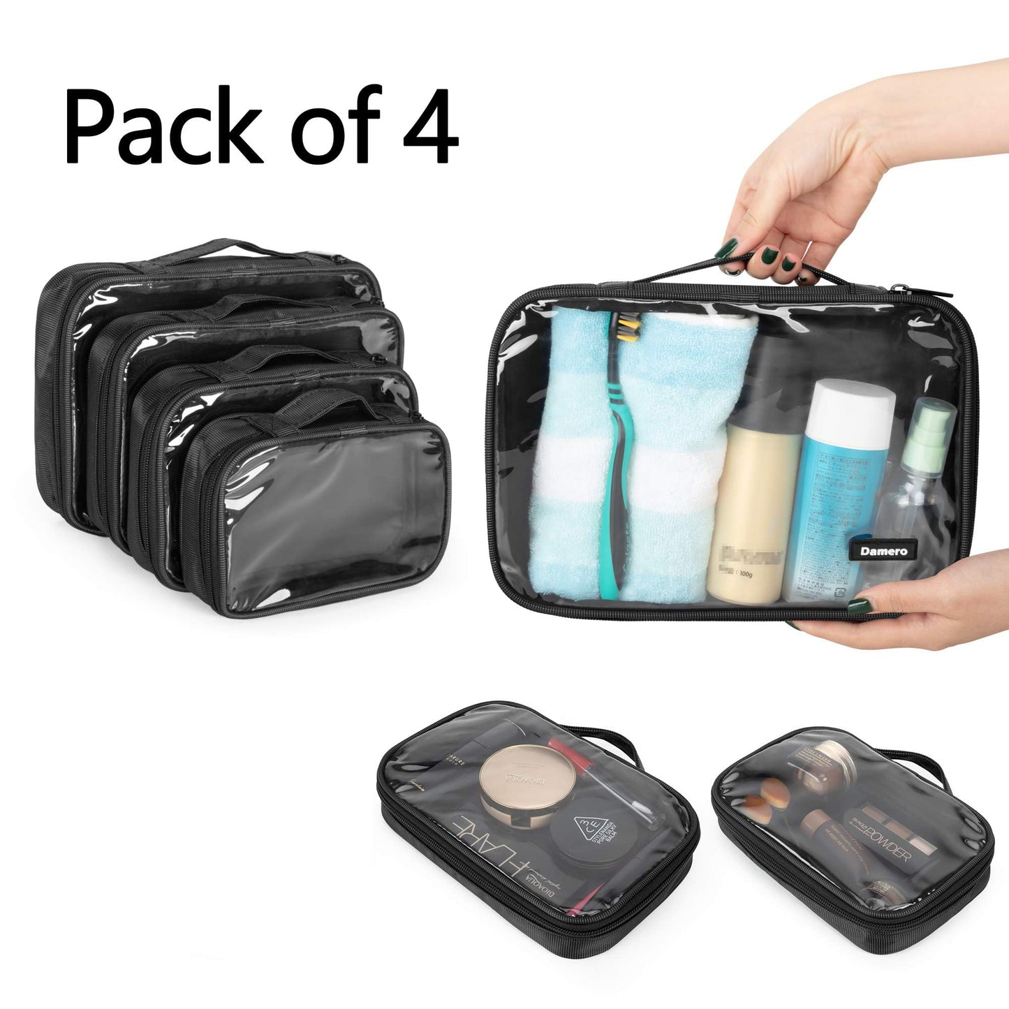 Damero 4pcs Clear Toiletry Bag Packing Cubes, Clear Toiletry Makeup Bag Organizers for Traveling, Business Trip, Black