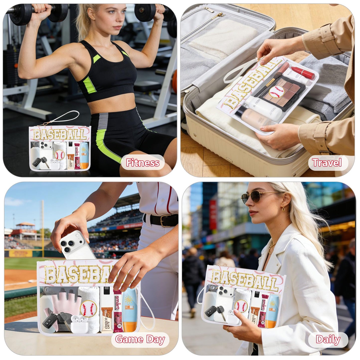 Bufilea Baseball Gift Clear Baseball Bag with Chenille Letter Patches, Waterproof PVC Toiletry Pouch with Wristlet, Large Portable Makeup Bag for Baseball Moms Essentials, Game Day & Travel Organizer