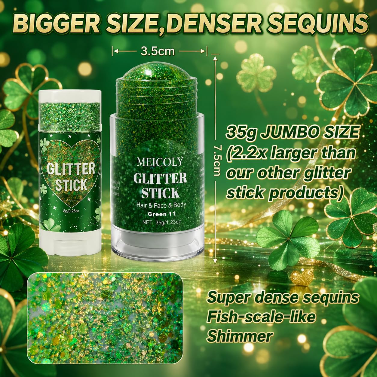 MEICOLY 1.23 OZ Waterproof Brazil Face Glitter Stick for Soccer Football,Green and Yellow Hair Glitter Stick for Women Rave Outfit Accessories,Brasil Green Gold Body Glitter St Patricks Day Alien