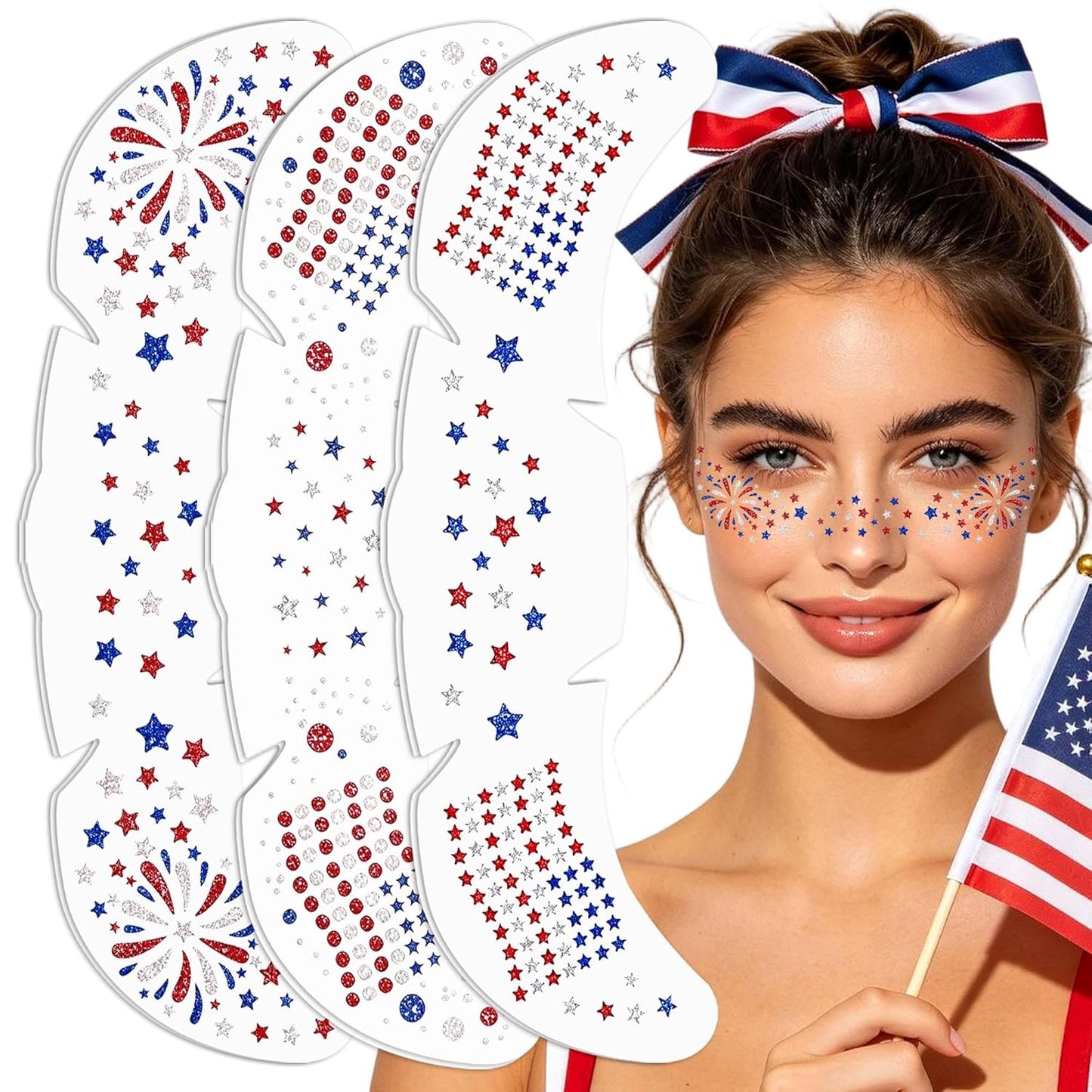 American Flag Glitter Freckles Face Tattoo - 6PCS Red, White & Blue Sparkle for 4th of July | Patriotic Glitter Stickers for Women & Kids