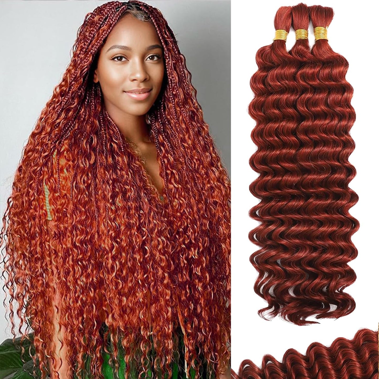 BIZVUS Human Braiding Hair for Boho Braids 110g Deep Wave Boho Bulk Human Hair for Braiding Knotless 12A Wet and Wavy Bulk Bohemian Curly 3 Bundles/Pack #350 Copper Color 24 inch