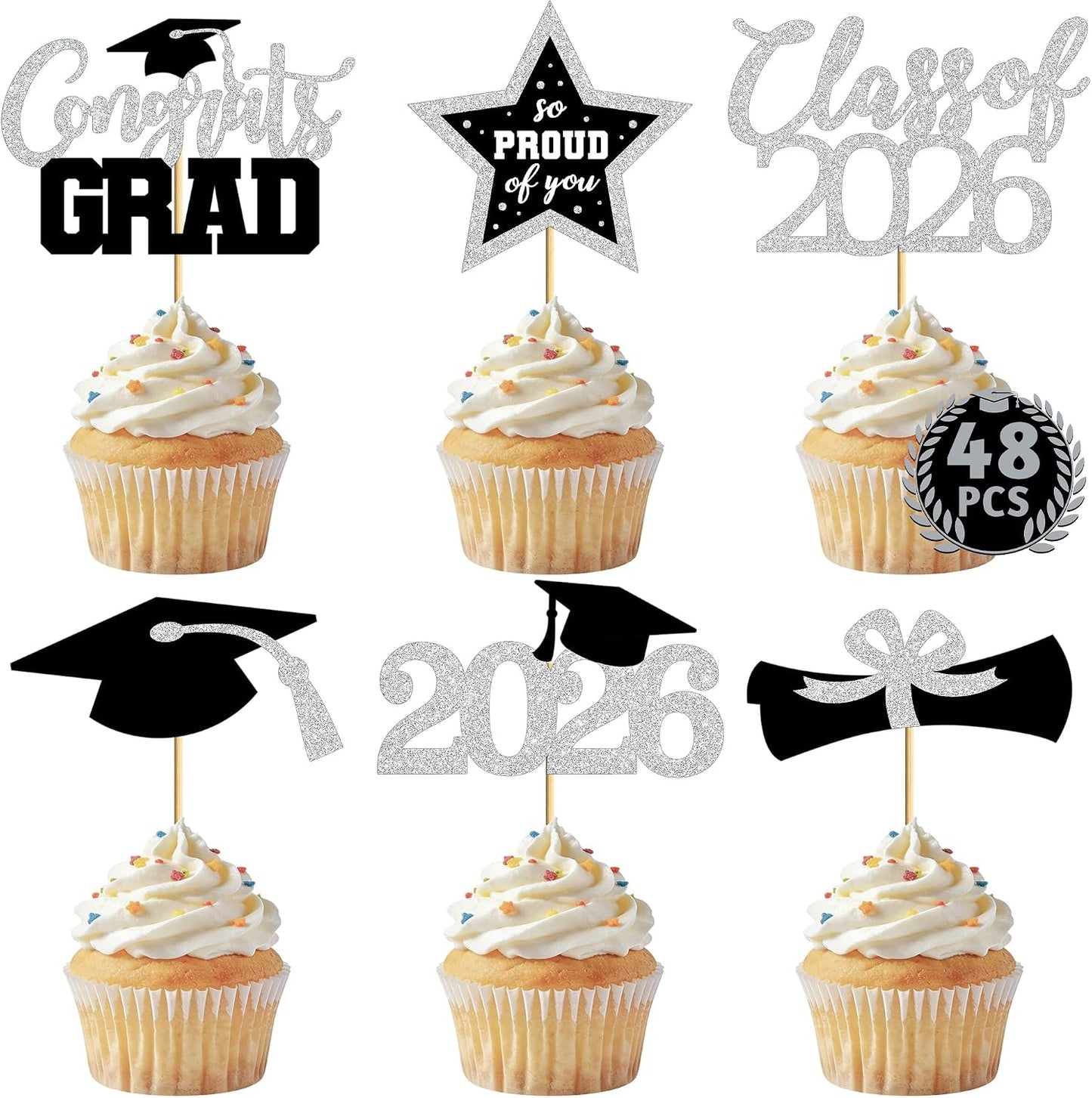 Graduation Cupcake Toppers - 48 PCS Black & Gold Congrats Grad Decorations | Glittery Cap & Diploma Picks for 2026 Party