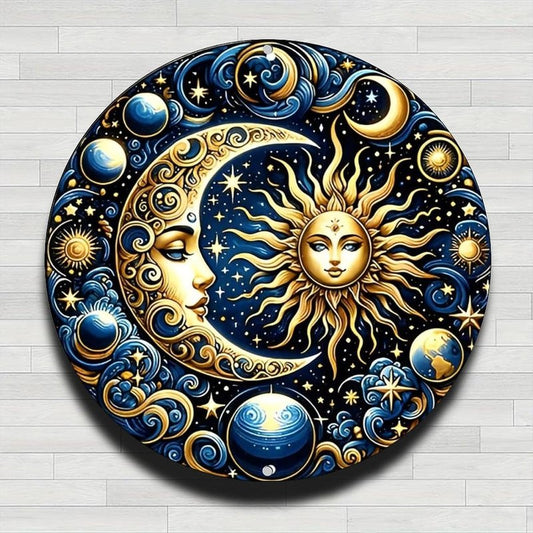 Celestial Sun Moon Wall Sign - Bohemian Vintage Aluminum Decor | 8in Round for Home, Office & Outdoor Spaces