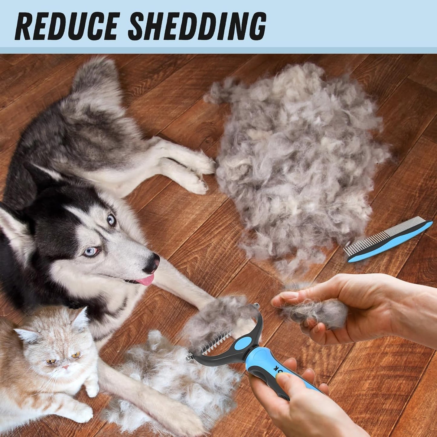 Pet Grooming Combo - Blue Deshedding Brush & Metal Comb for Detangling Long Matted Fur | Ideal for Cats & Dogs