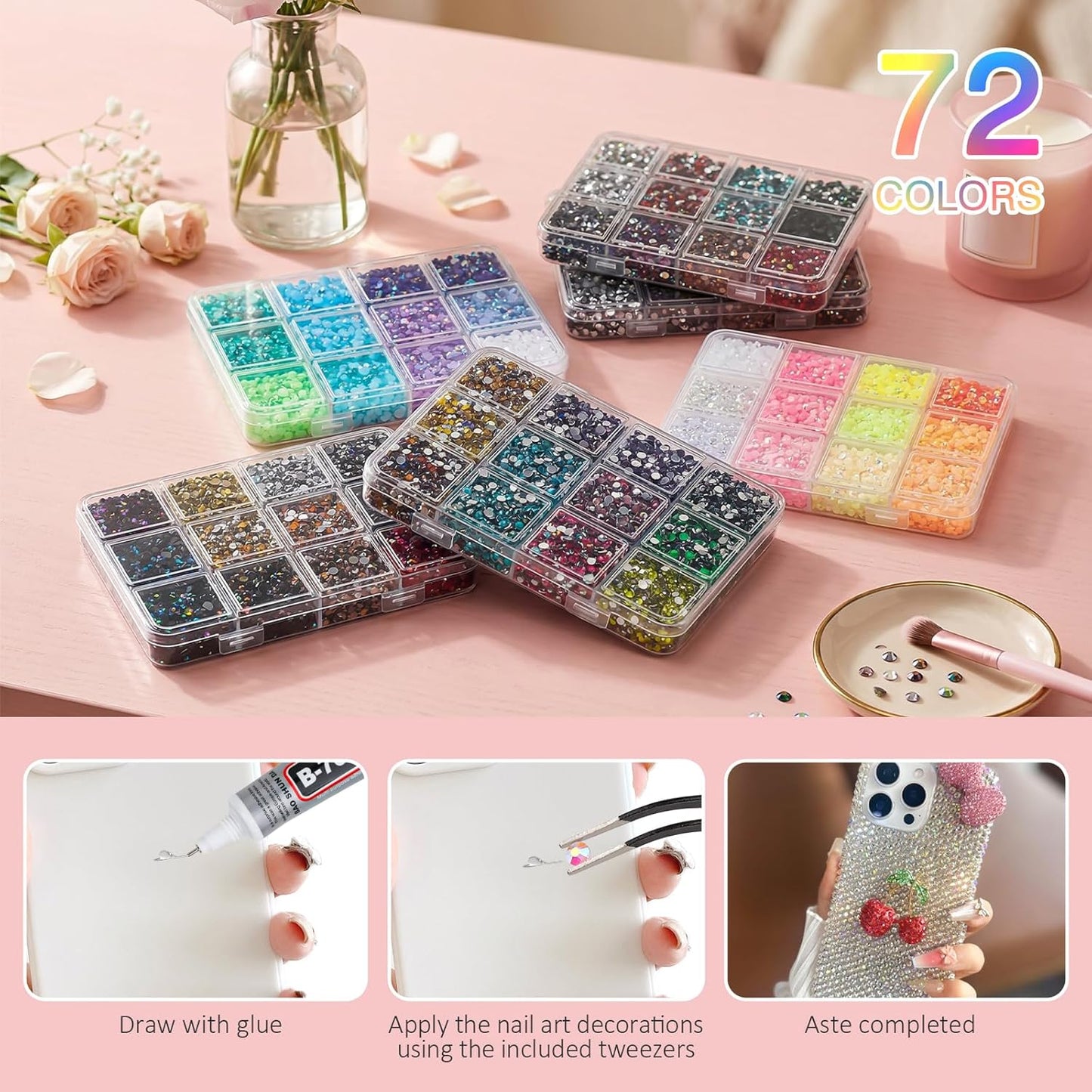 Resin Rhinestones Bedazzling Kit - 36,000 Pcs of 72 Vibrant Colors for DIY Nail Art, Crafts & Makeup