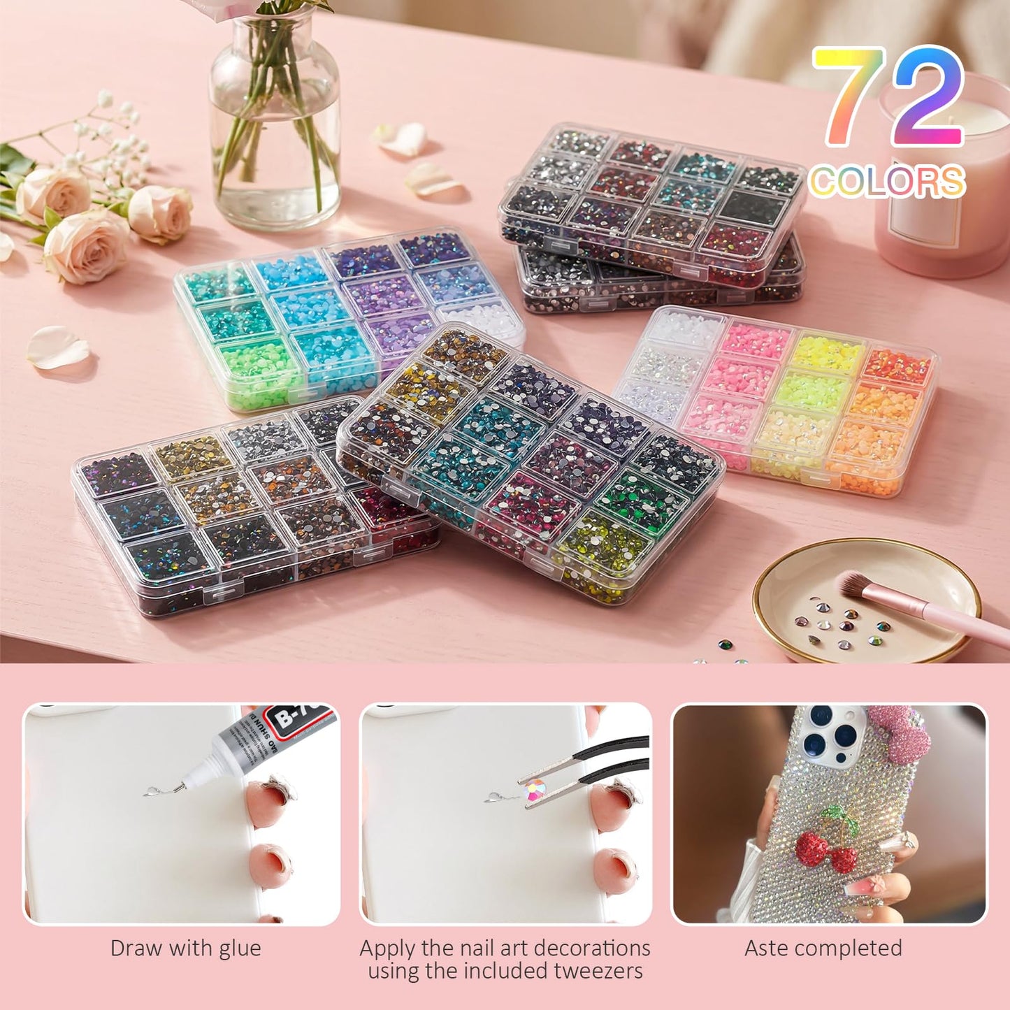 36000Pcs 72 Colors Resin Rhinestones Bedazzling Kit, Multicolor Flatback Gems, DIY Nail Art Clothing Tumblers Crafts for Bedazzling Diamond Art Makeup (72 Colors)