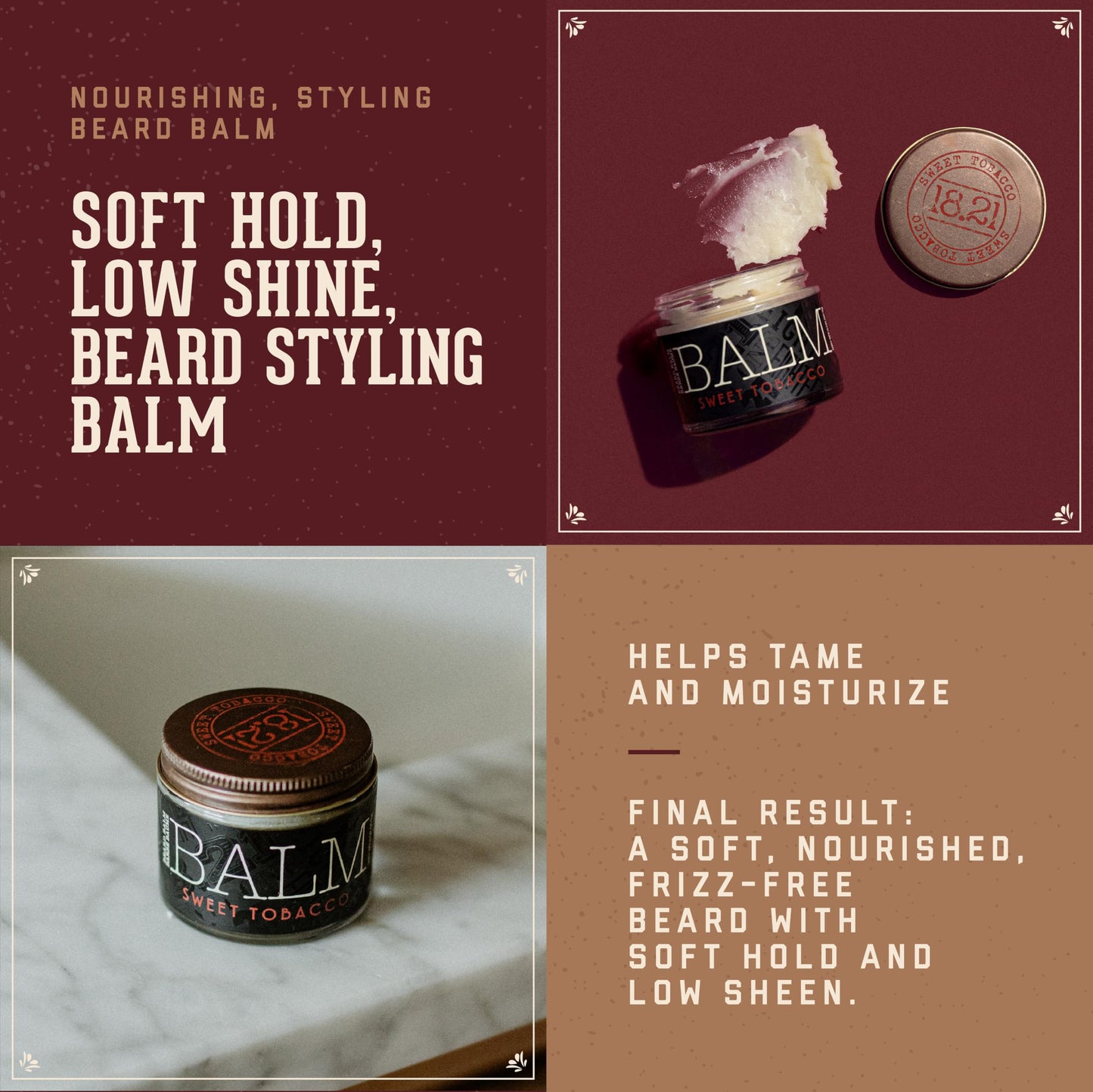 18.21 Man Made Beard Balm for Men, Sweet Tobacco, 2 fl. oz - Premium Grooming Cream with Low Shine for Conditioning and Shaping Beards, Mustaches - Scented Facial Hair Balms, Long-Lasting Moisture