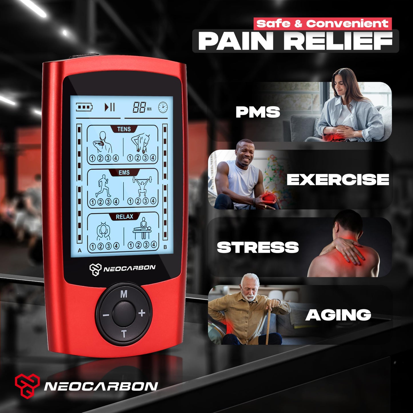 NEOCARBON TENS Unit Muscle Stimulator, Massager Machine for Shoulder, Neck, and Back Pain Relief, Electronic Pulse Massage Physical Therapy, Red