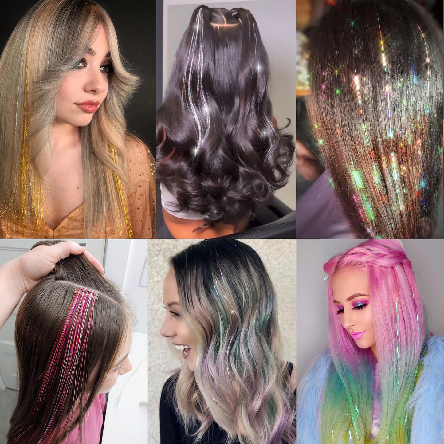12Pcs Hair Tinsel Clip in Glitter Tinsel Hair Extensions 19.6Inch Clip in Hair Tinsel Kit Heat Resistant Shiny Sparkly Fairy Hair Accessories for Women Girls (Rainbow)