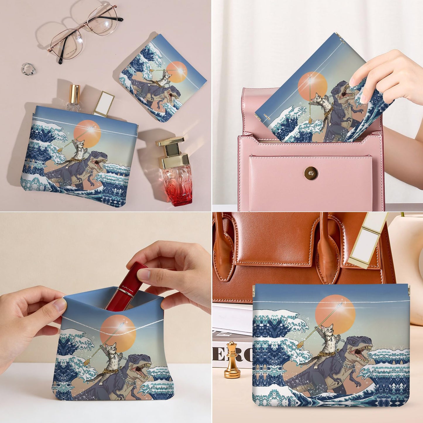 2 PCS PU Leather Small Makeup Bag Set for Purse,No Zipper Self-closing Cosmetic Bag, Portable Coin Purse Lipstick Accessories Organizer Travel Toiletry Storage Pouch for Women,Cats and Dinosaurs