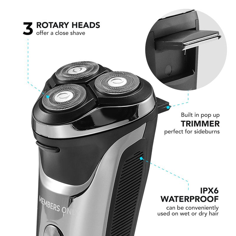 Members Only Electric Razor for Men, Lithium Metallic Cordless 3 Heads Rotary Shaver, Precision Trimming, Close Shave with Built-in Pop-up Trimmer, IPX6 Waterproof, USB Rechargeable Battery