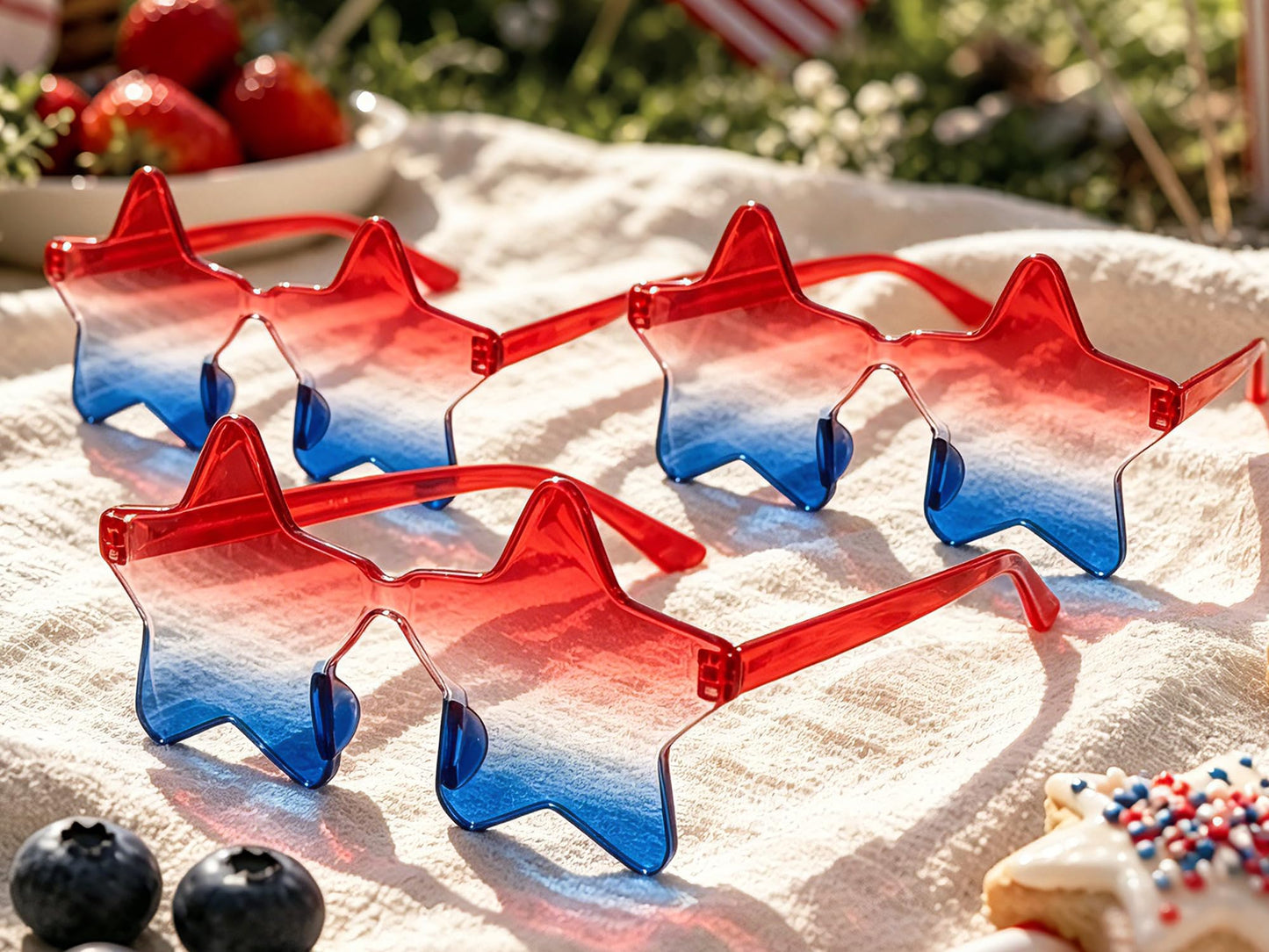 Star Glasses 3 PCS for Women Men, USA Red White Blue Rimless Star Shaped SunGlasses Accessories-One Size Fits All, Patriotic 4th of July Party Outfit for Beach Pool Birthday Party Favors Gifts