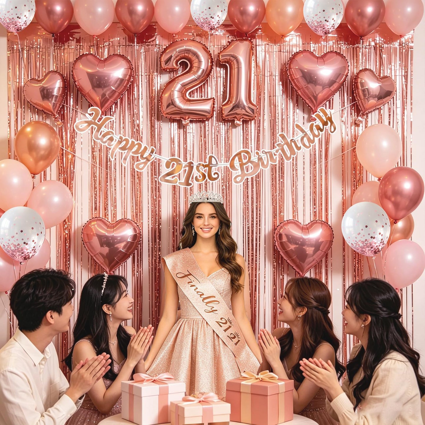 YGSEPCC 21 Birthday Decorations for Her, Rose Gold 21st Birthday Party Supplies 36Pcs, Birthday Sash Crown Tassel Curtains Foil Number Balloons Banner Cake Topper, 21 Young Lady Birthday Decorations