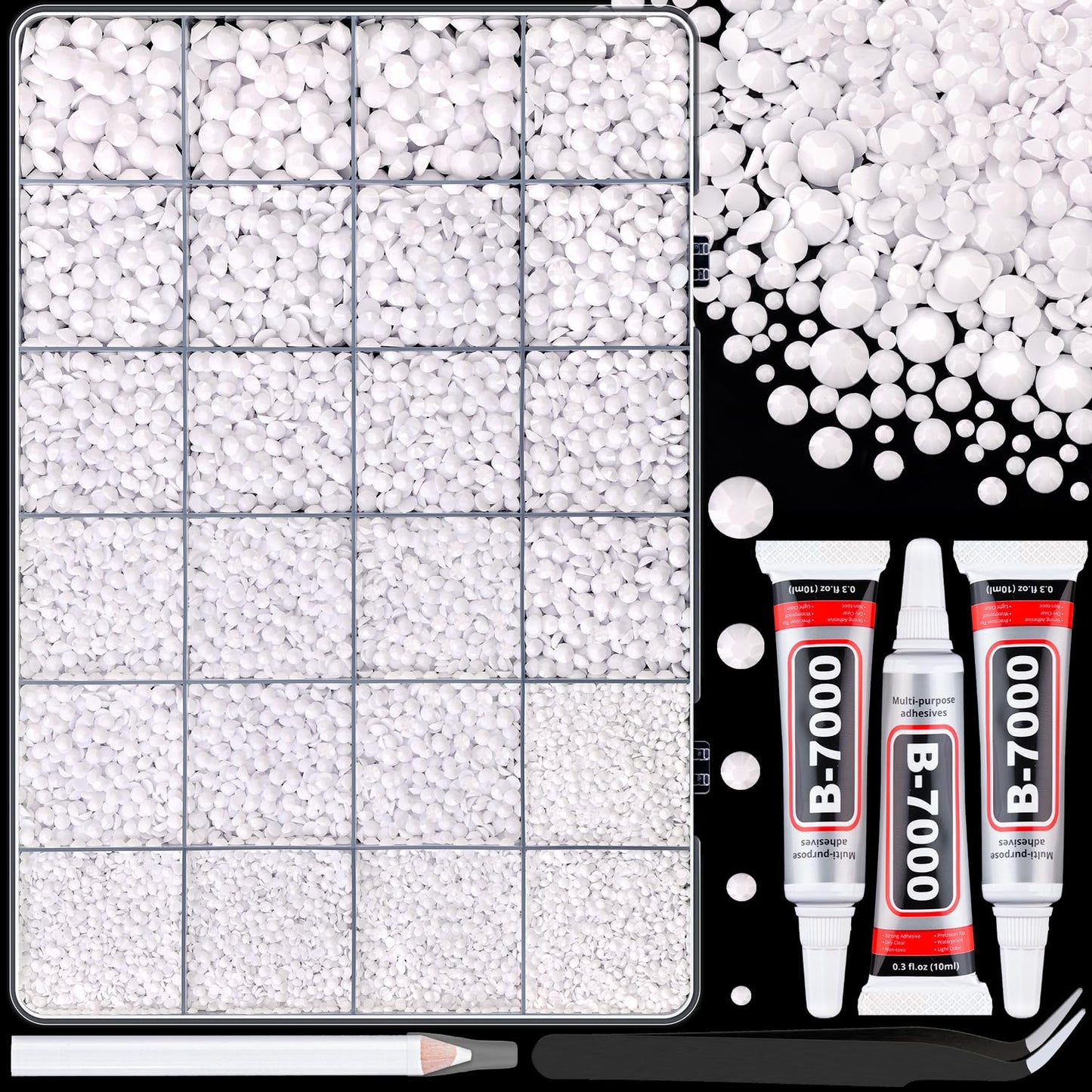 Resin Rhinestones - 32000 Pcs Flatback Gems for Bedazzling | Silver Clear Crystal Kit with 3 Pcs B7000 Glue for Nail Art & Crafts