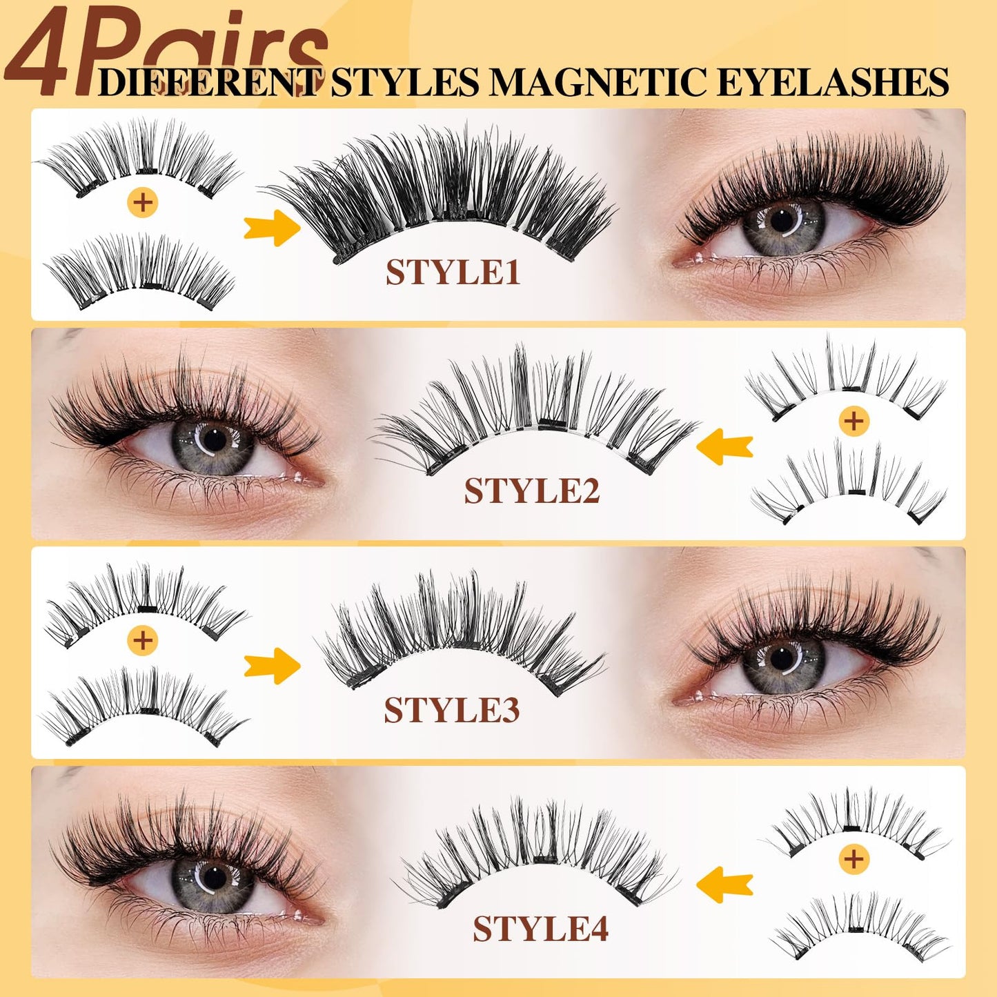 QUEWEL Magnetic Eyelashes 4 Pair Reusable Magnetic Eyelashes with Applicator No Glue Needed Eyelashes Natural Look Lash Clusters Kit Easy to Wear and Remove(4 Pairs-A09)