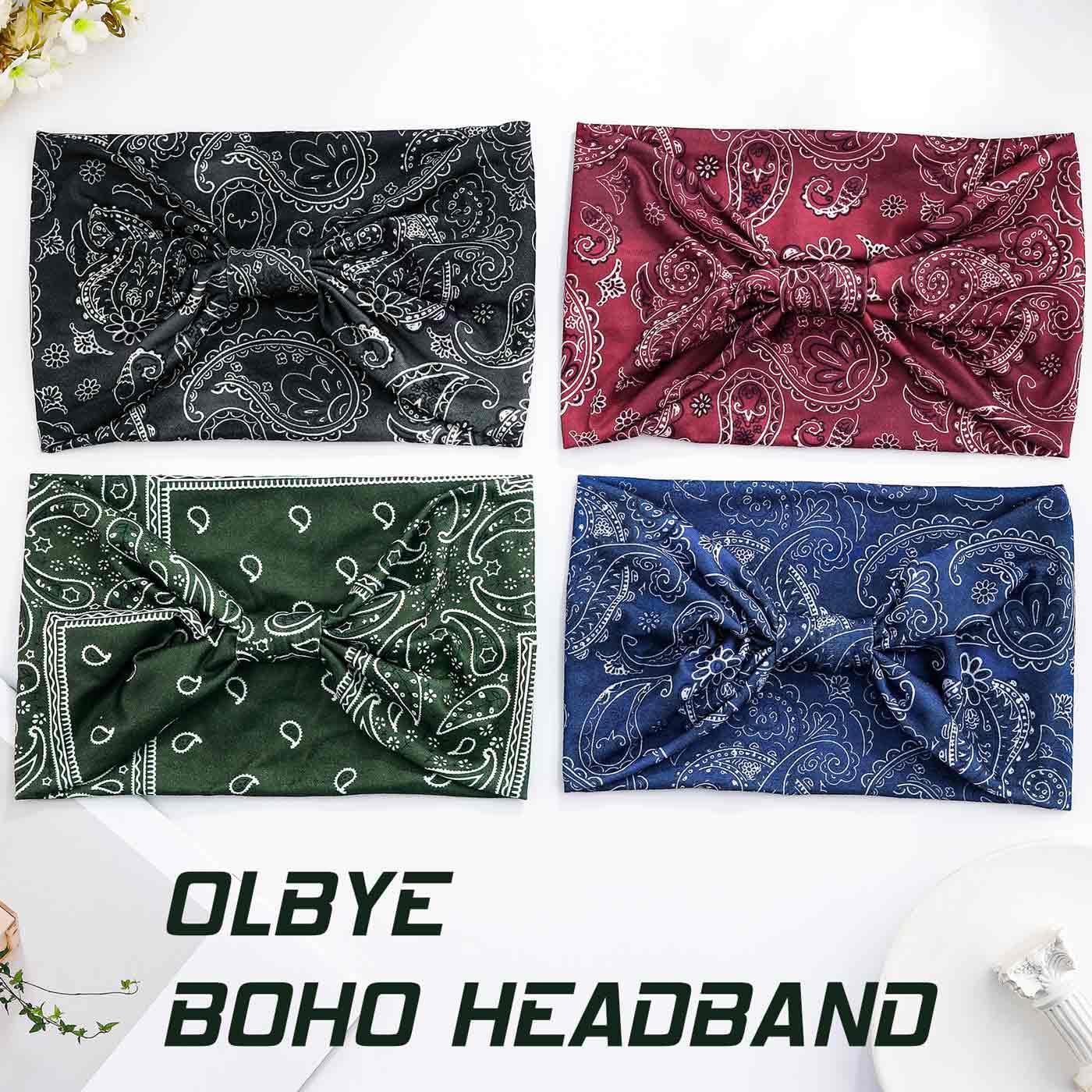 Olbye Wide Boho Headbands Floral Stretch Head Wraps Turban Knotted Yoga Hairbands Workout Hair Accessories for Women 4Pcs