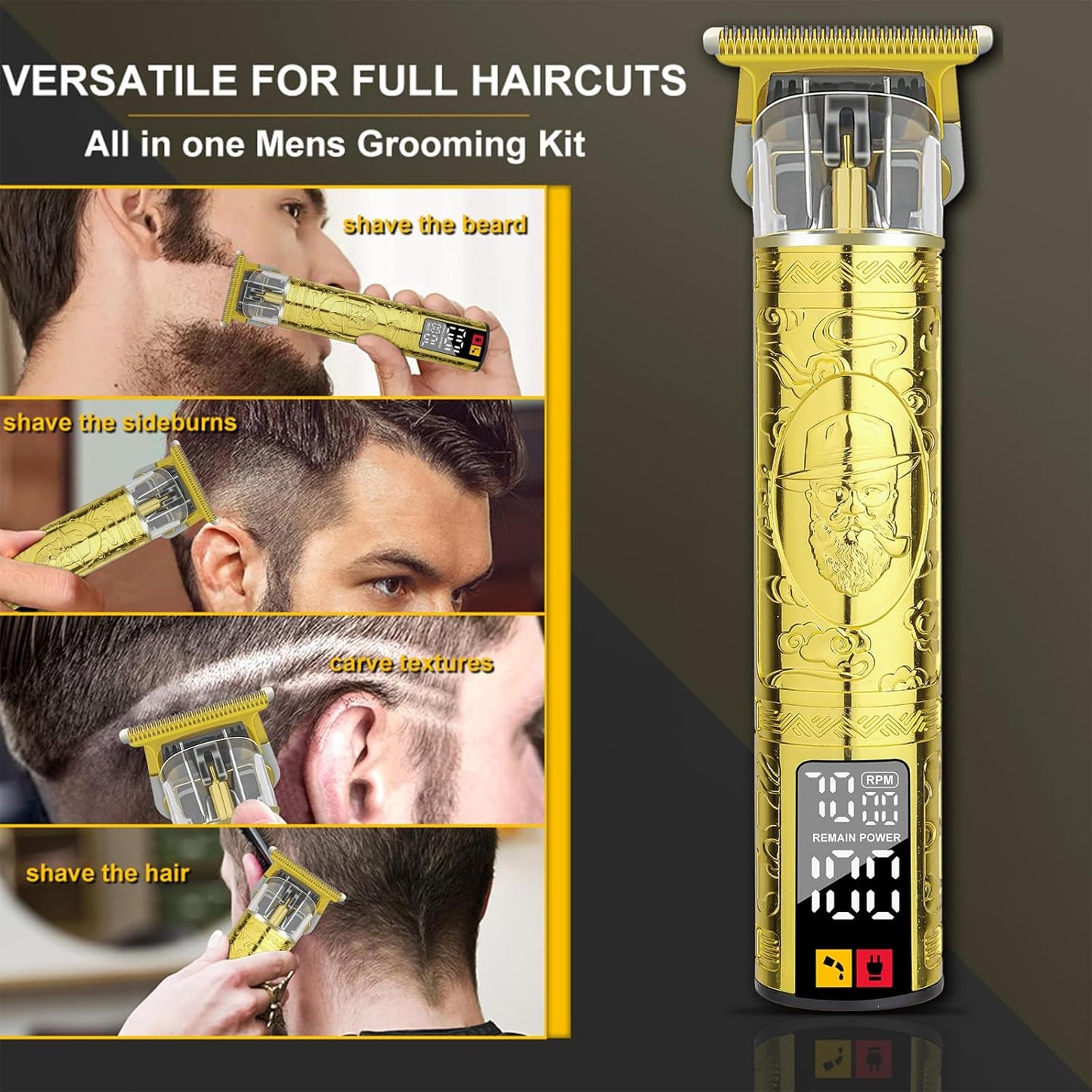 Cordless Hair Clippers for Men - Rechargeable Barber Clipper & Beard Trimmer Set | T-Blade, Adjustable Lever, LED Display, Gold