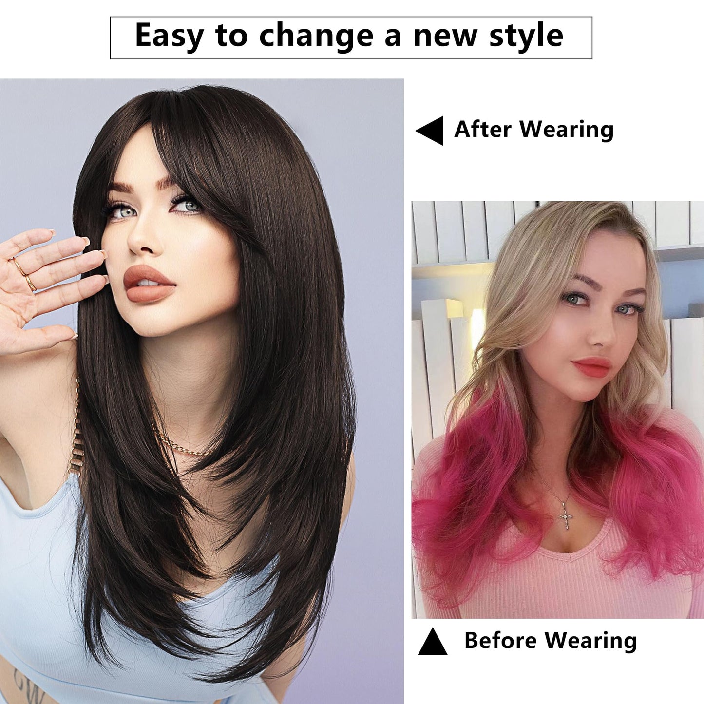 7JHH WIGS Long Straight Wig for Women Synthetic High Density Heat Resistant Hair Wig for Daily Party 24 Inches