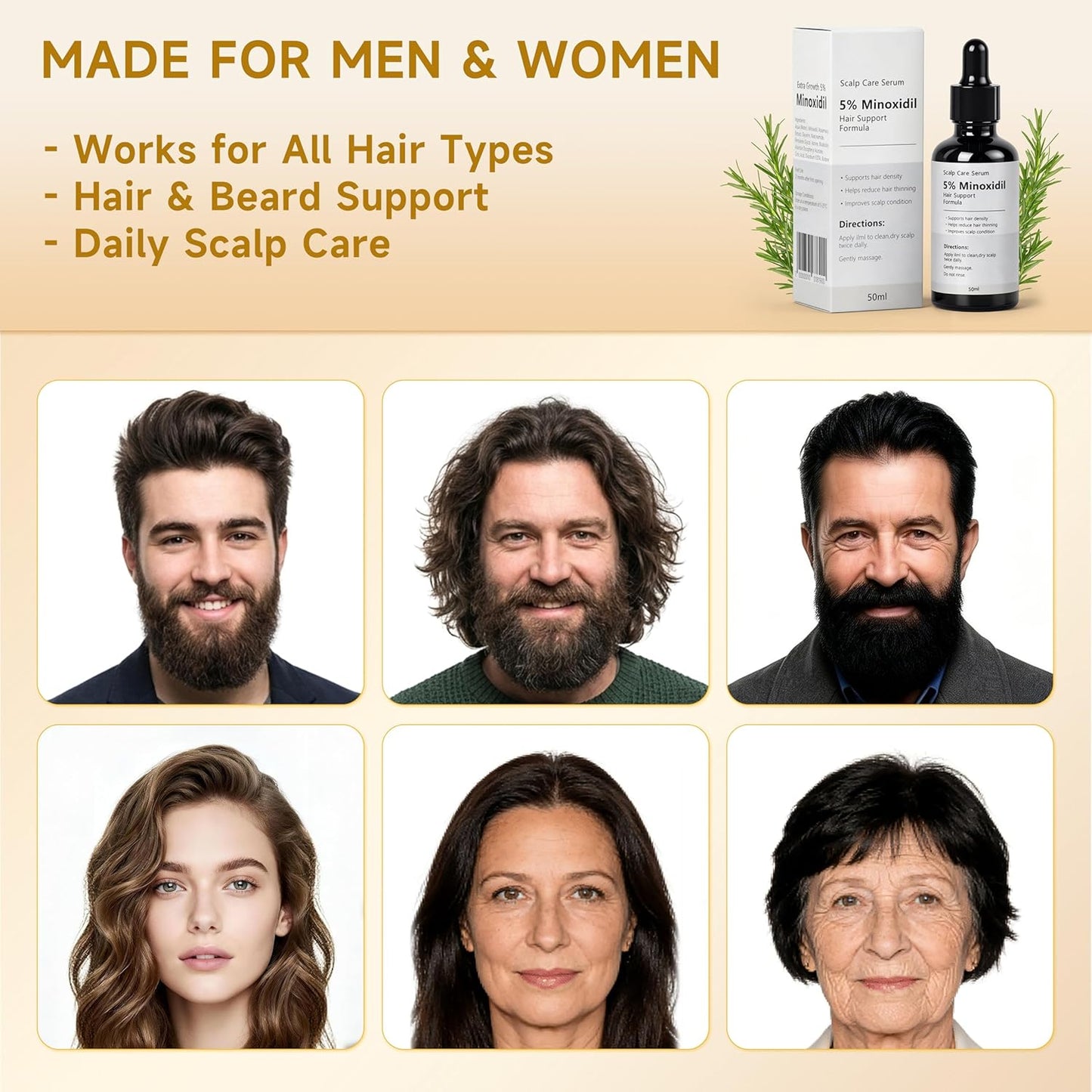 Minoxidil Growth Serum for Hair Loss - Supports Regrowth & Beard Growth | Lightweight Scalp Serum with Rosemary Extract, 1.7 fl oz - White