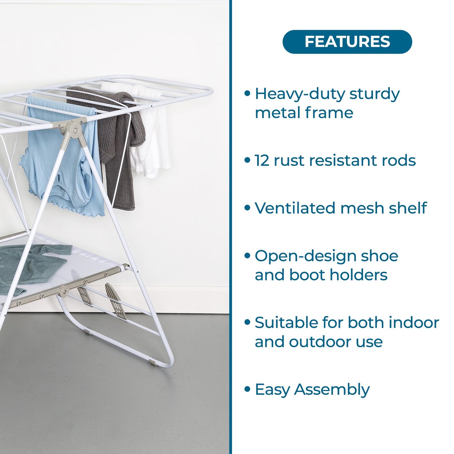 Honey-Can-Do Heavy-Duty Foldable Laundry Drying Rack – Portable Shoes & Clothes Rack for Indoor & Outdoor Use, Space-Saving Design, Easy to Fold Gullwing Design, Sturdy Metal, 50lb. Capacity, White