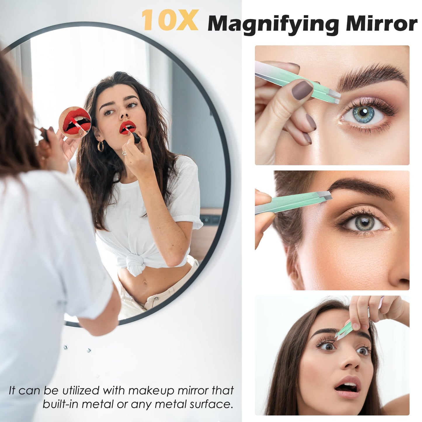 WangSelect Tweezers and 10X Magnifying Mirror Kit with Travel Leather Case, Eyebrow Tweezer Set for Women & Men, Great Precision for Facial Hair, Splinter and Ingrown Hair Removal - Rosy Gold