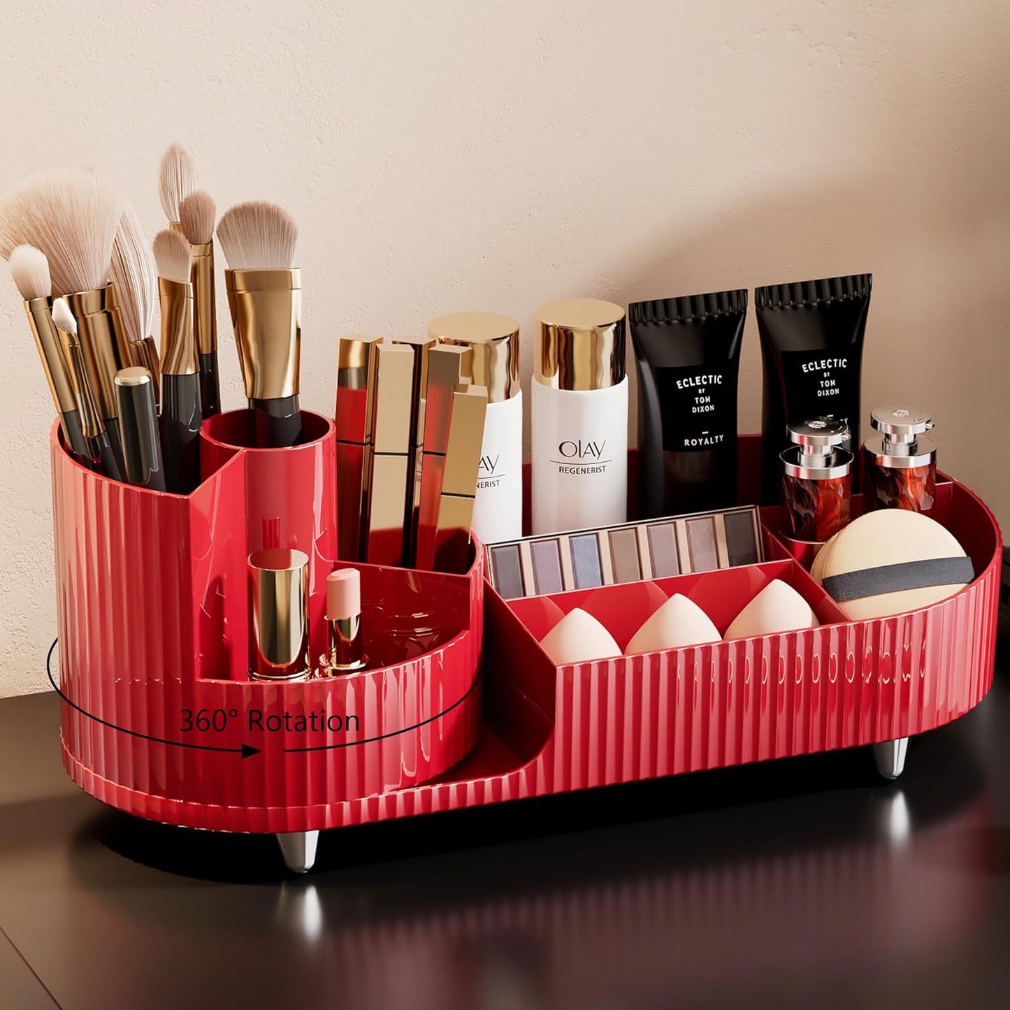 Rotating Makeup Organizer - Large Spinning Vanity Storage with Brush Holder | Black Cosmetic Display Case