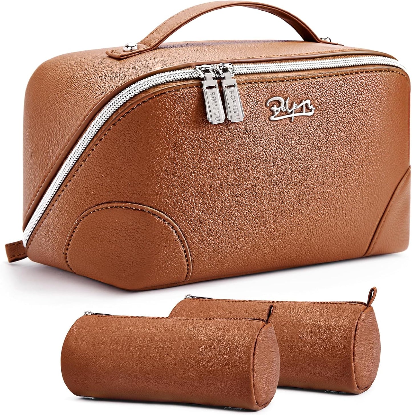 Travel Makeup Bag Set - Large Vegan Leather Cosmetic Organizer with Handle | 3 Pcs Portable Toiletry Bags in Coffee