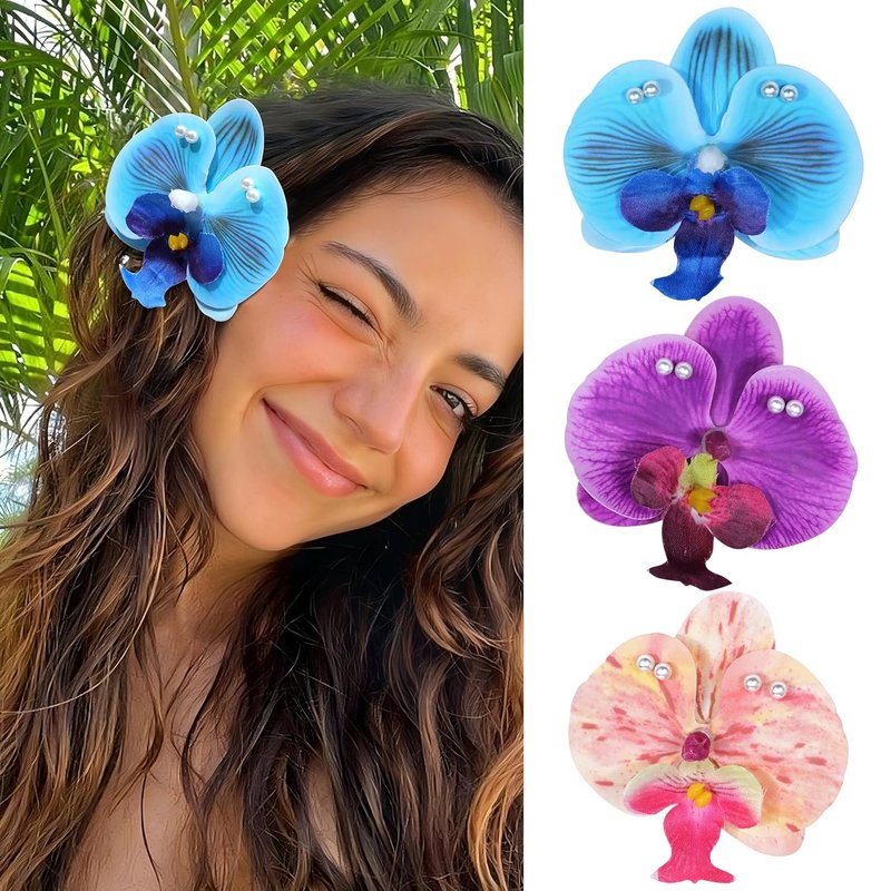 Hawaiian Flower Hair Clips - 3 Pack Tropical Orchid Pins with Pearl | Bridal & Beach Party Accessories (Blue, Purple, Pink)
