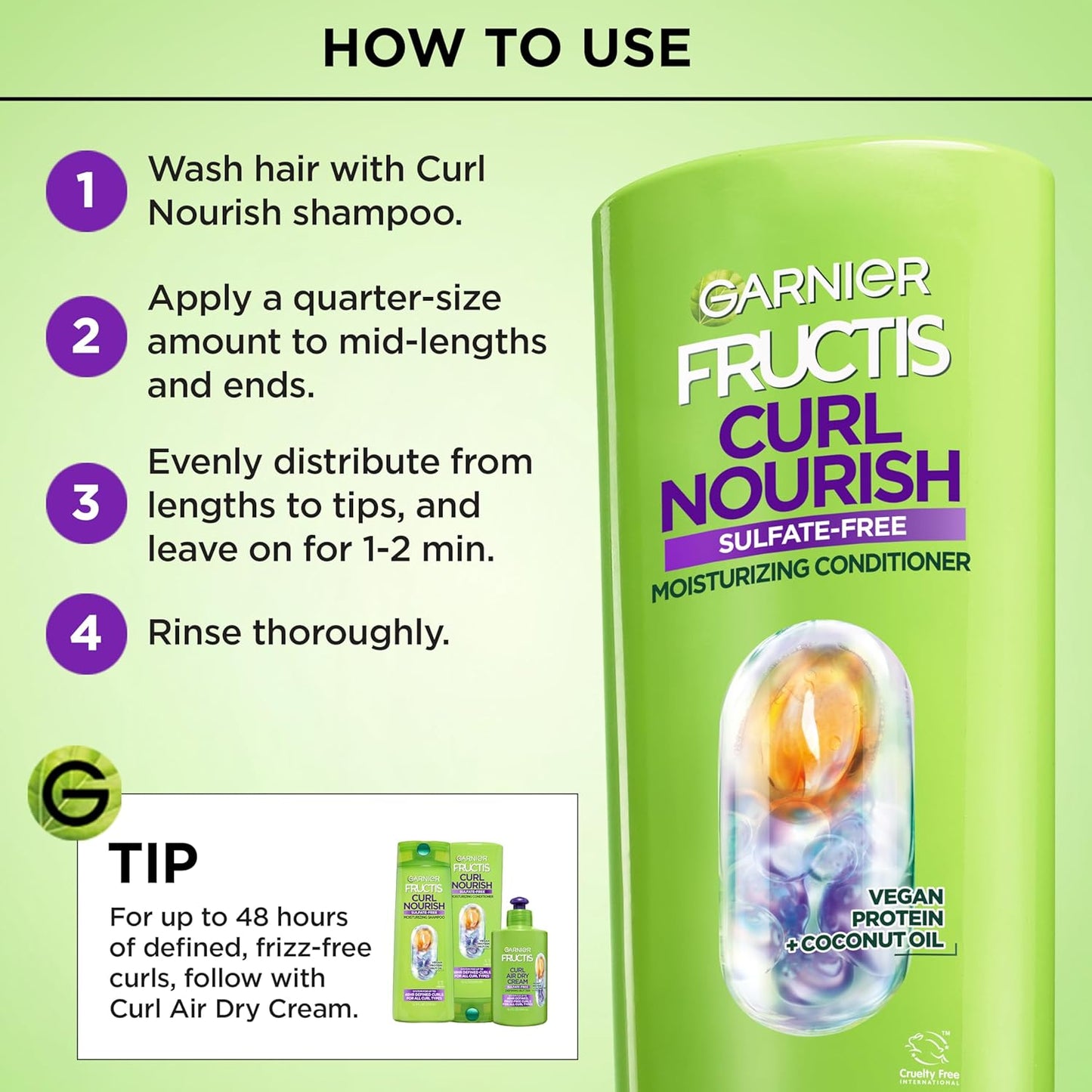 Garnier Fructis Curl Nourish Conditioner - Curly Hair Care with Coconut Oil & Plant Protein | 21 Fl Oz