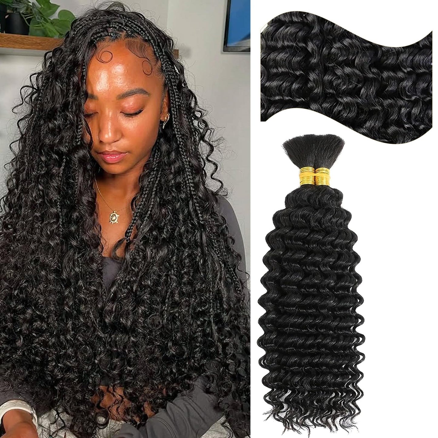 Licoville Boho Human Hair for Braiding Black Hair Deep Water Wave Bundles 18 Inch 100G Freetress No Weft Human Braiding Hair for Boho Braids #1B Natural Black Boho Hair Knoteless Braiding Bundle