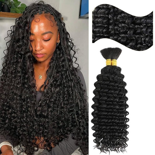 Licoville Boho Human Hair for Braiding Black Hair Deep Water Wave Bundles 18 Inch 100G Freetress No Weft Human Braiding Hair for Boho Braids #1B Natural Black Boho Hair Knoteless Braiding Bundle
