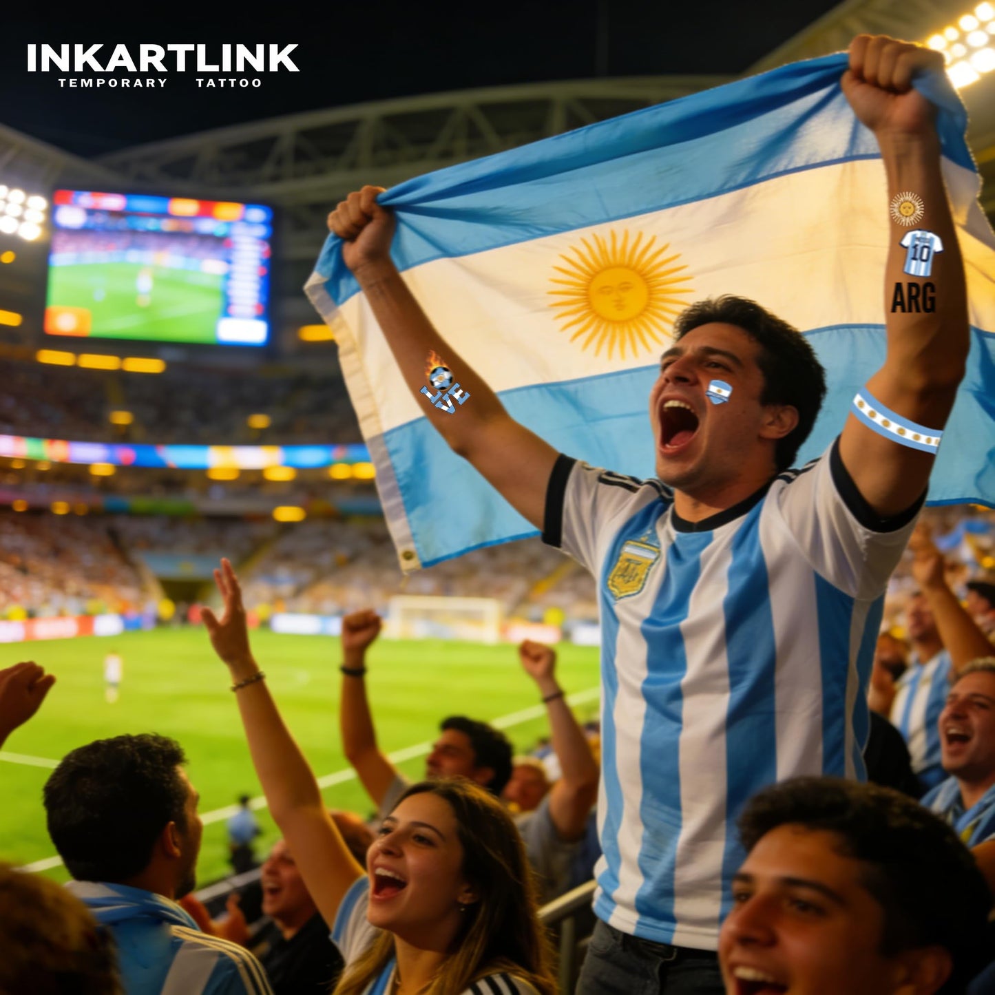 INKARTLINK 3 Sheets Flag Temporary Tattoos for National Celebrations & Sports Events, Country Flag Face Tattoos for World Cup, Independence Day & Party Decor (Argentina)