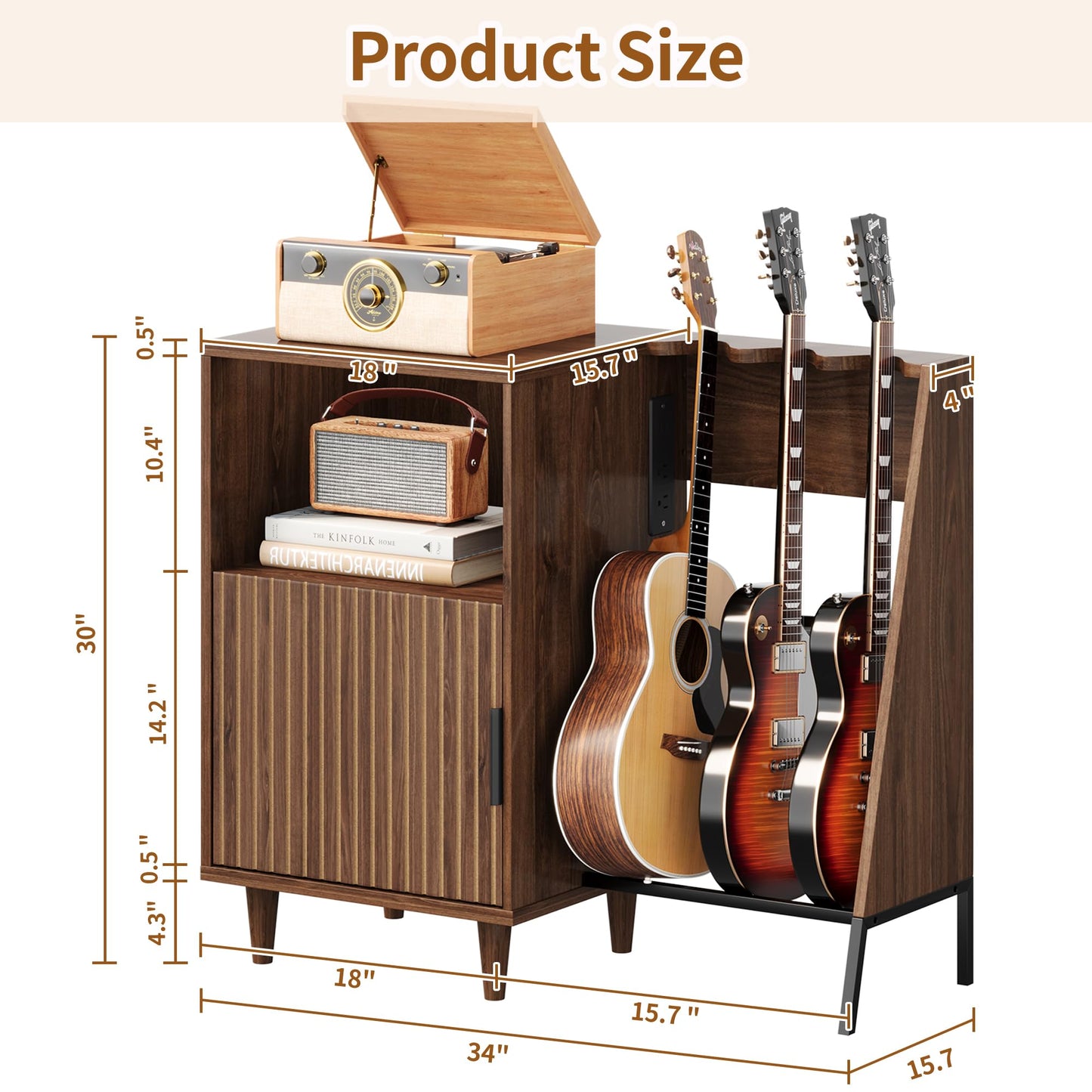 WLLPNG Guitar Stand with Vinyl Record Storage, Record Player Stand with Multiple Guitars Holder, Built-in Power Outlet, Guitar Amp Stand for Acoustic, Electric Guitar, Bass, Speaker, Amp