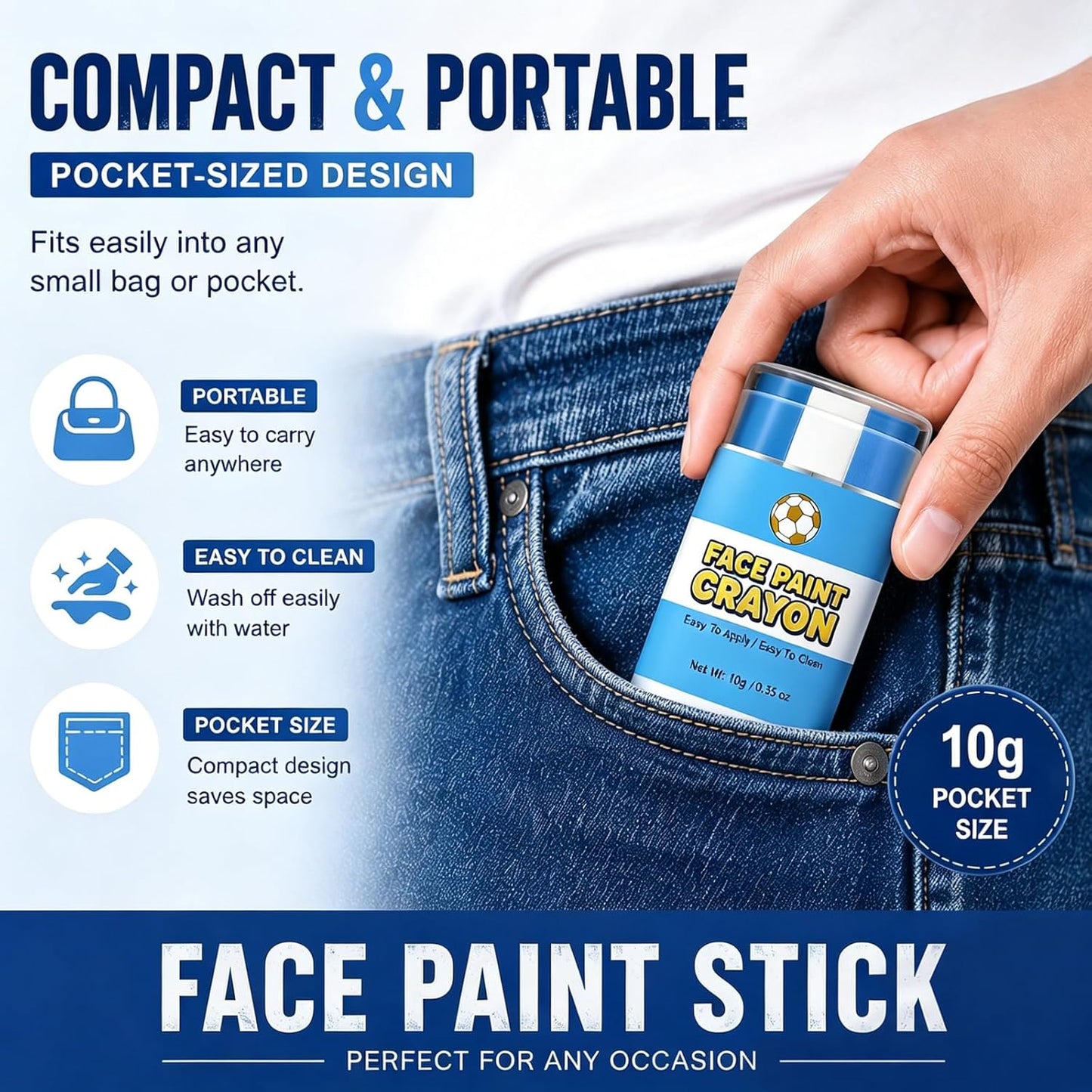 Argentina Face Paint Stick - Blue & White Soccer Fan Body Paint Crayon | Sweatproof, High Pigment for Football & Rugby Events