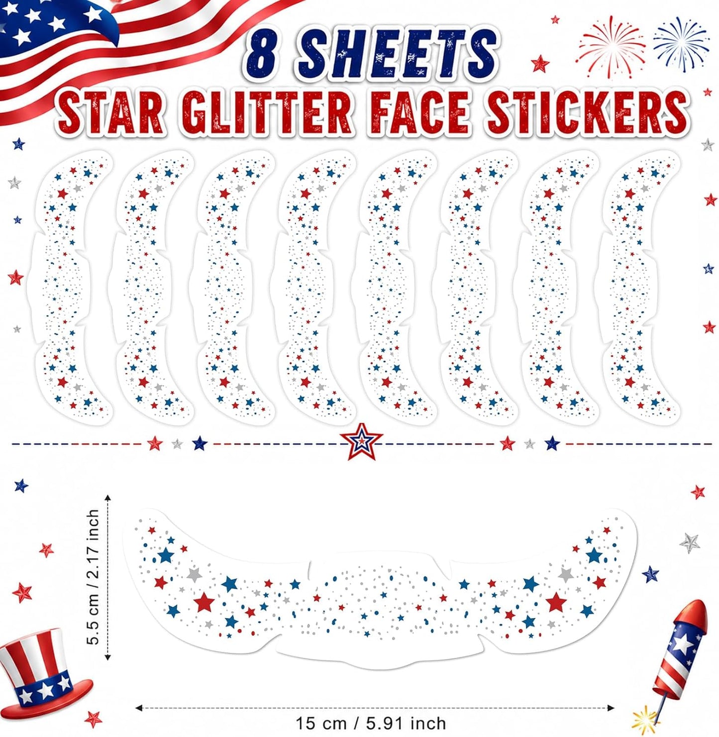 Artlunar 8 Pcs Red White Blue Star Freckle Stickers - Glitter Face Makeup for 4th of July | Patriotic Accessories for Women & Kids