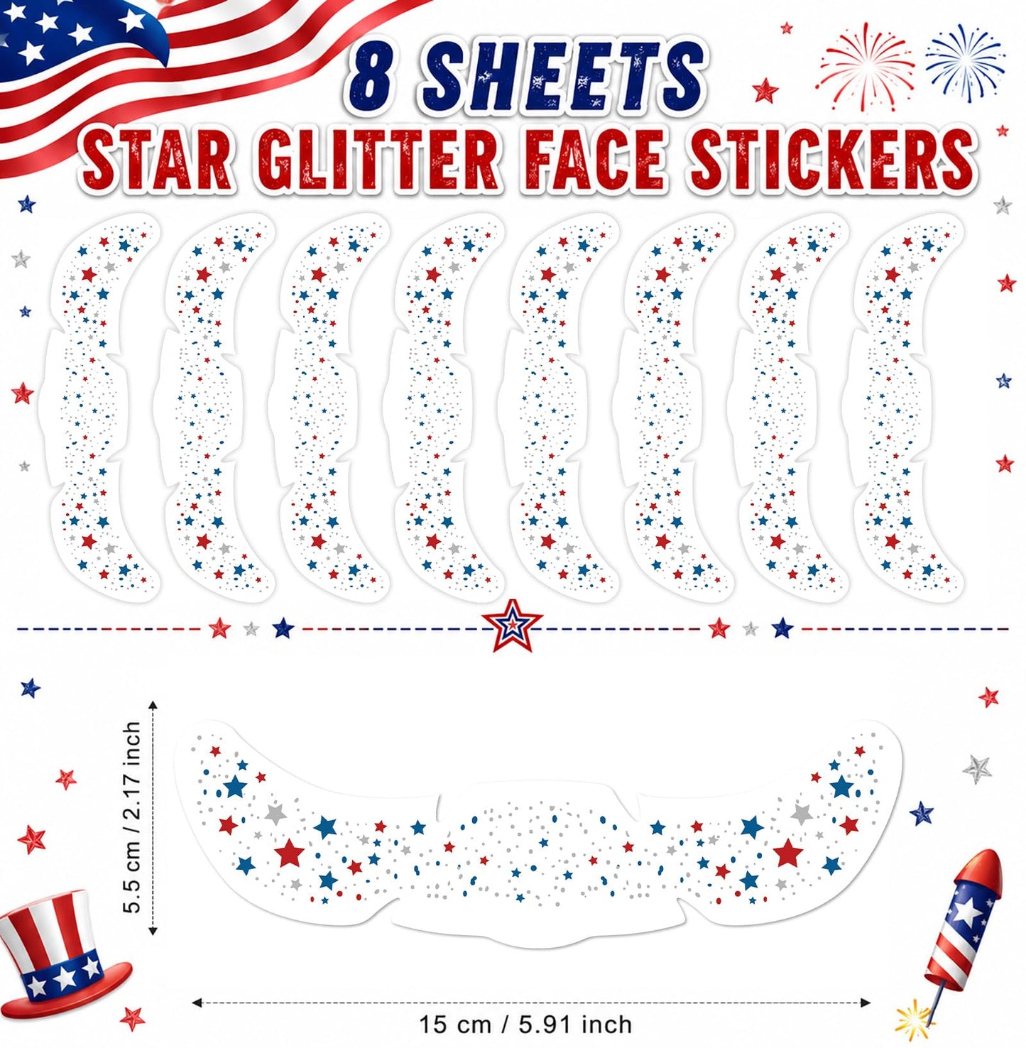 Artlunar 8 Pcs Red White Blue Star Freckle Stickers with Silver Glitter Powder for Face, 4th of July Glitter Face Stickers for Women Kids, Patriotic Independence Day Makeup Accessories