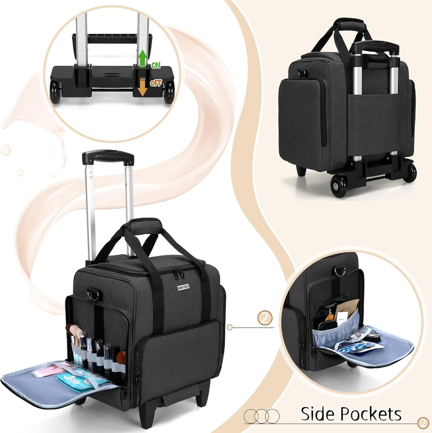 Rolling Makeup Case - Professional Cosmetic Train Case with 3 Removable Pouches & Brush Bag | Black
